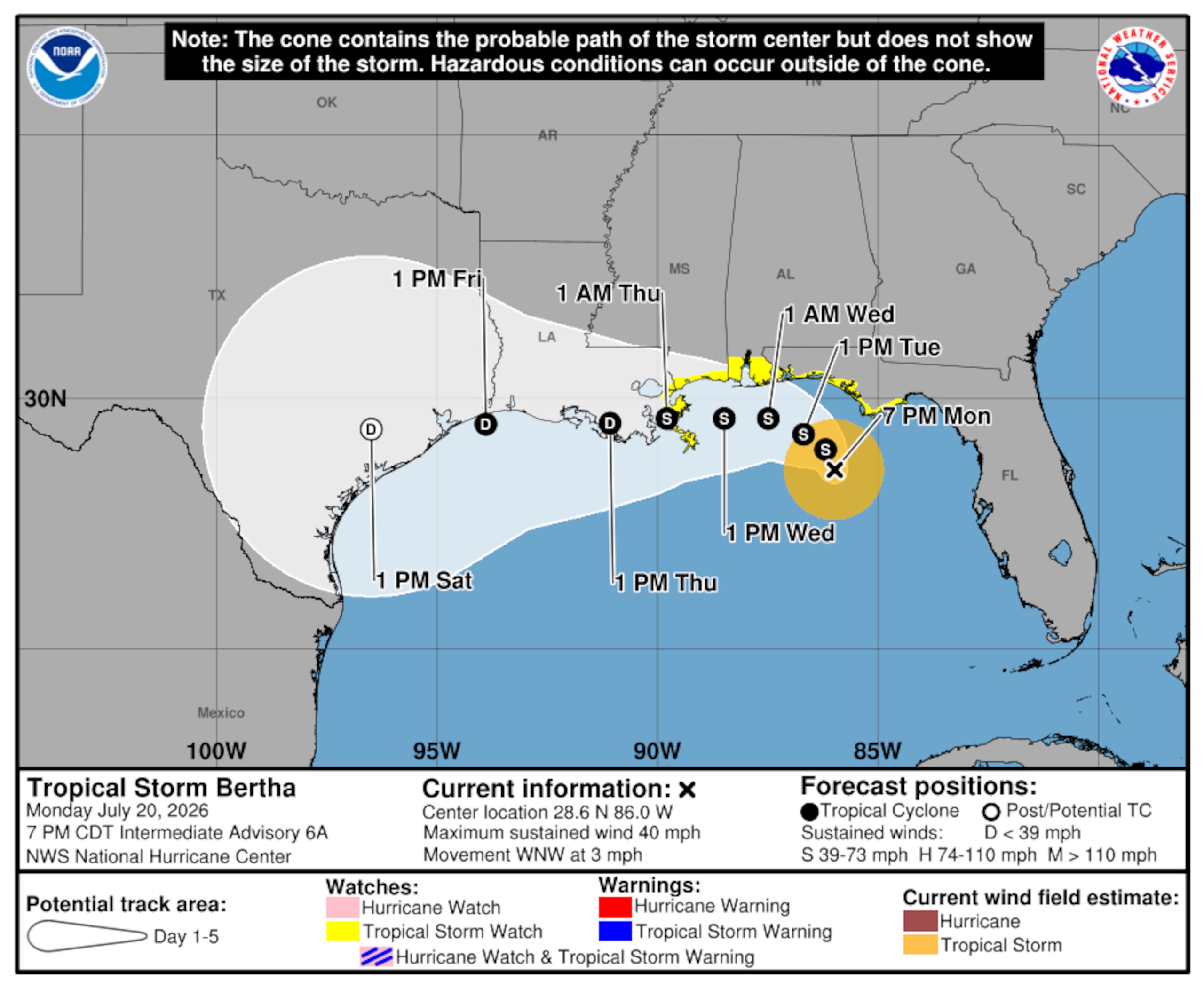 Trayectoria de Bertha a las 8:00 de la noche del lunes. (NOAA)