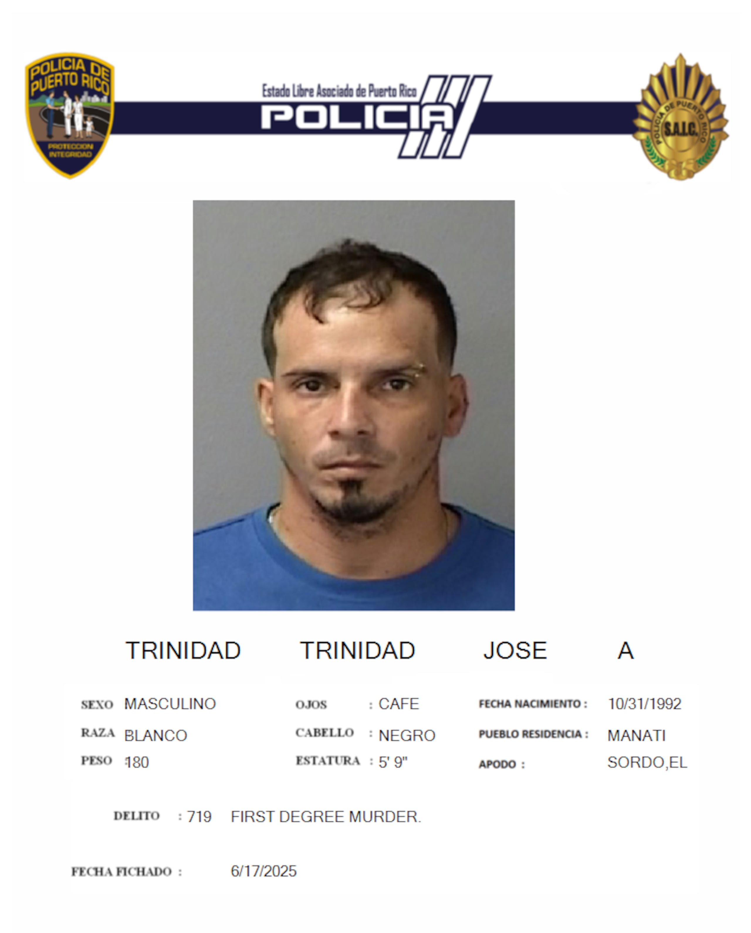 El fugitivo José Antonio Trinidad Trinidad de 32 años, alias Sordo, integrante de la pandilla de “Los Mata Marcians” fue arrestado en Manatí.
