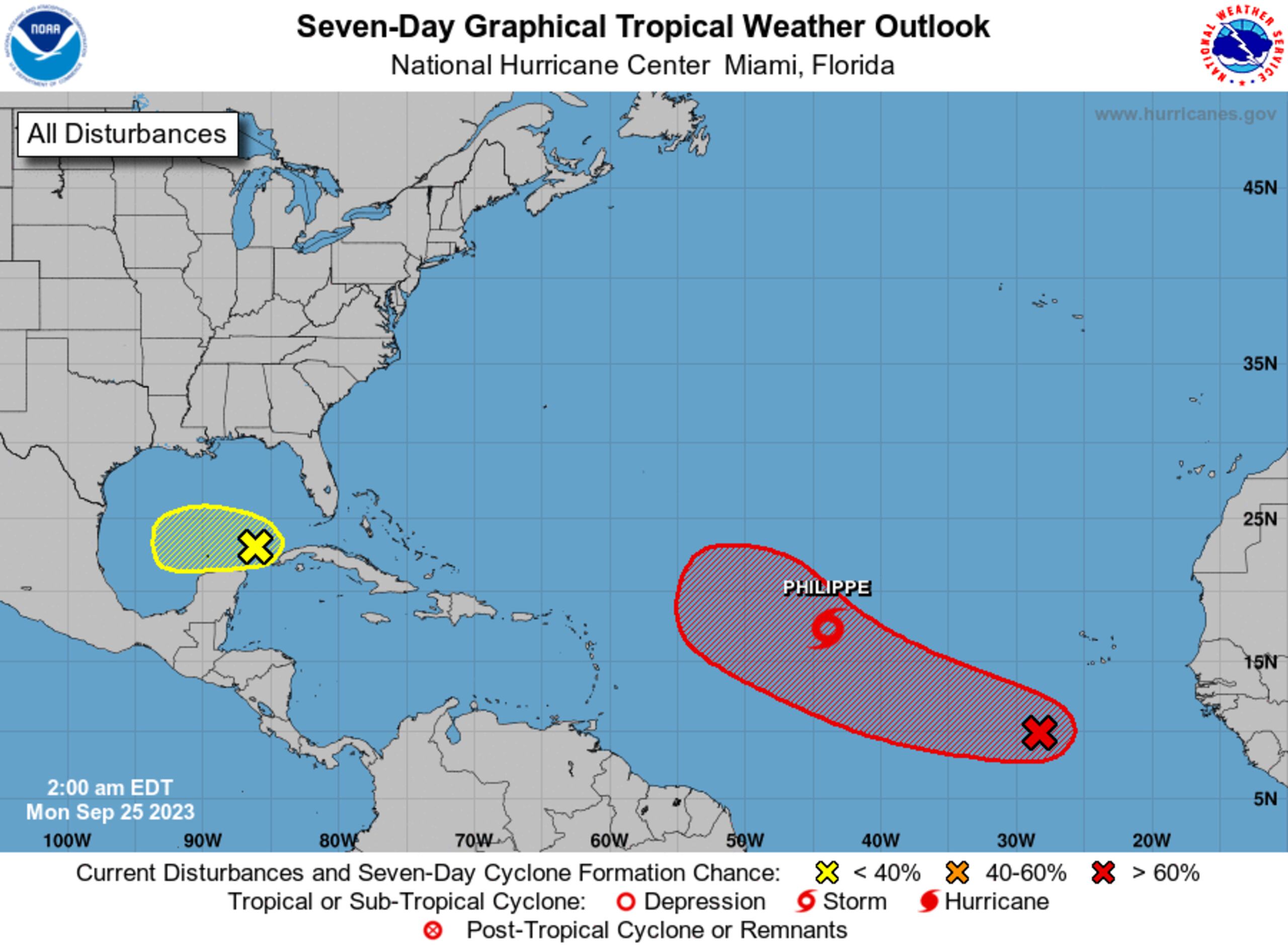 La onda tropical con potencial ciclónico aparece con una X color rojo en el mapa.