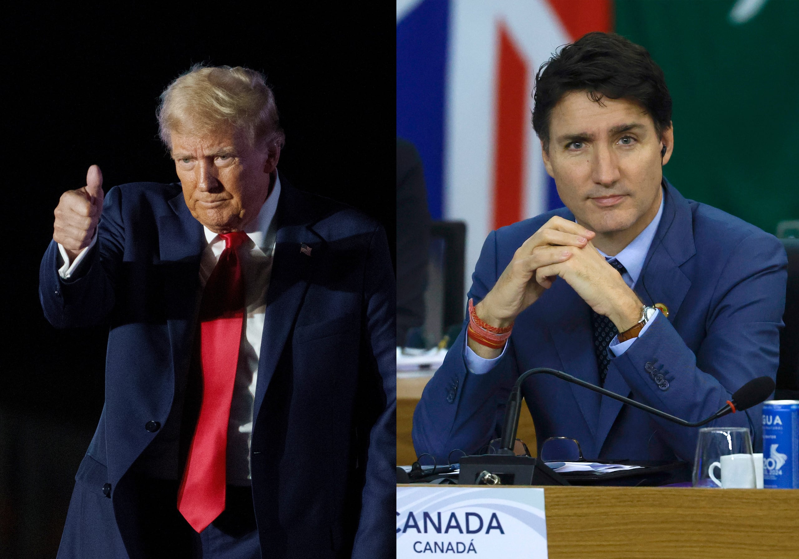 Donald Trump durante un acto de campaña en Pensilvania, y el primer ministro canadiense, Justin Trudeau, durante la cumbre del G20 en Río de Janeiro.