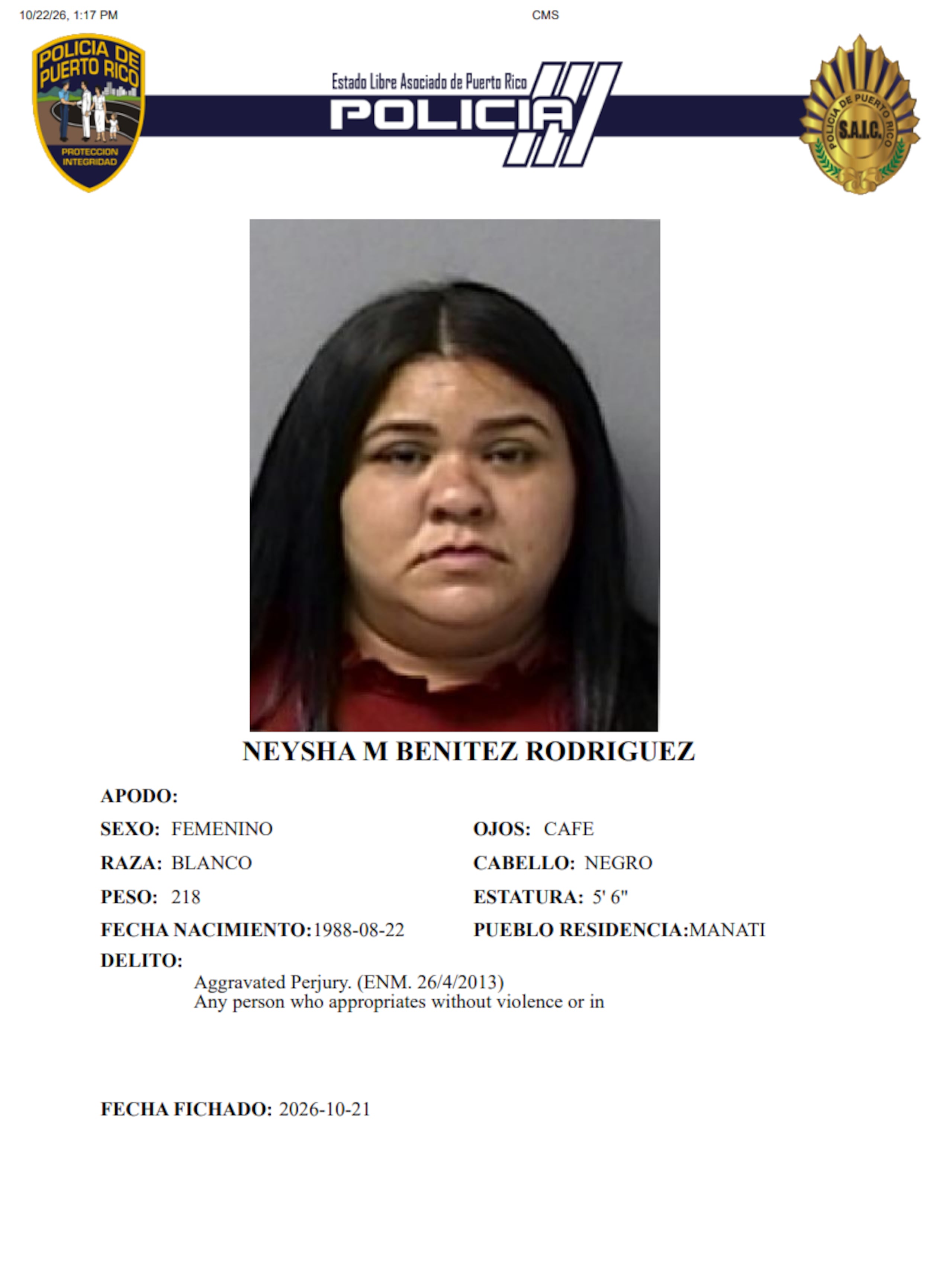 La imputada fue identificada como Neysha M. Benítez Rodríguez, ofreció información falsa sobre el hurto de su vehículo.