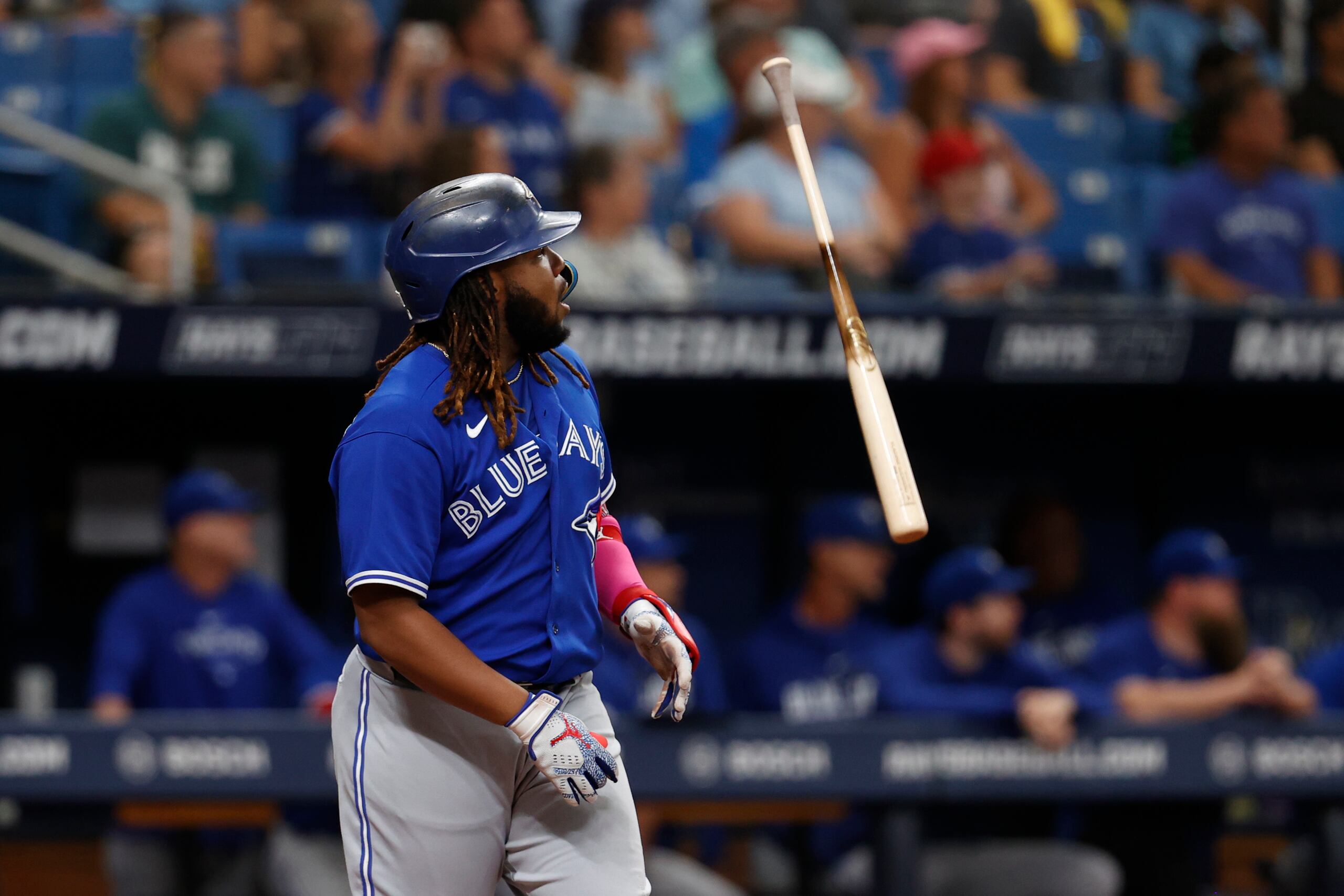 El dominicano Vladimir Guerrero Jr. de los Blue Jays observa su cuadrangular ante los Rays durante la novena entrada del juego en San Petersburg.