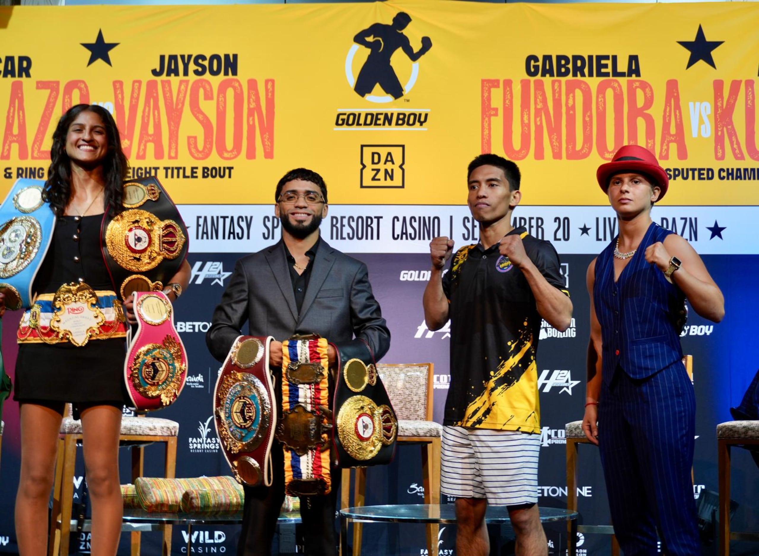 La campeona indiscutible Gabriela Fundora, el monarca unificado Oscar Collazo, Jayson Vayson y Alexas Kubicki.