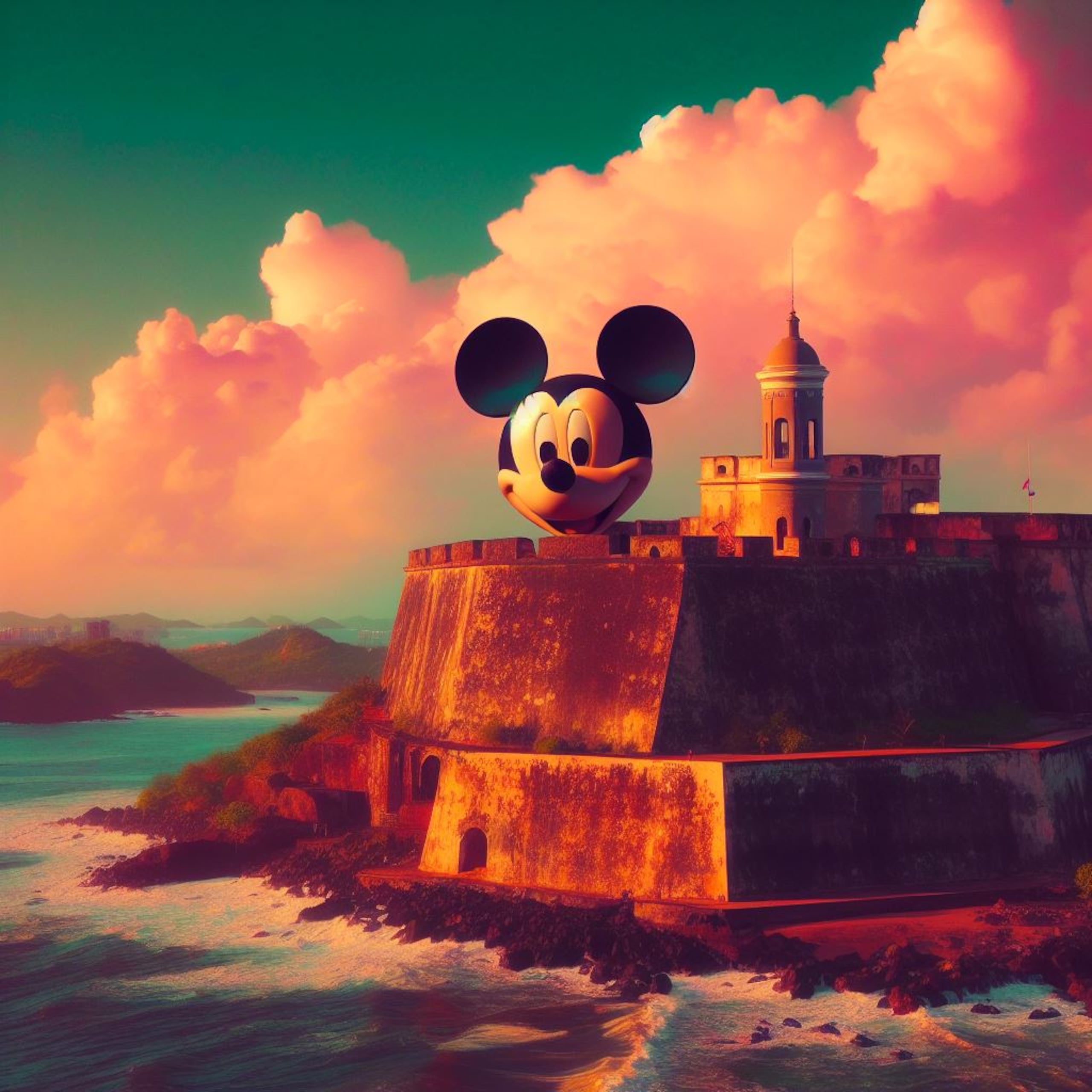Esta imagen fue producida con el siguiente texto: "Genera una imagen al estilo Pixar de El Morro en Puerto Rico con Mickey Mouse".