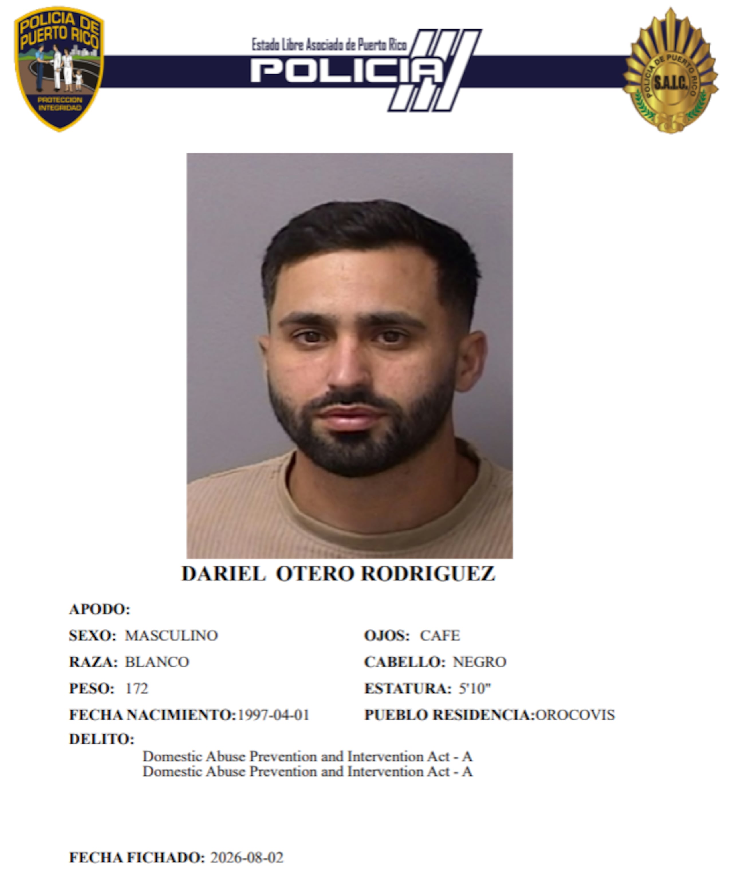 Ficha policíaca del imputado, Dariel Otero Rodríguez, de 29 años y residente de Orocovis.