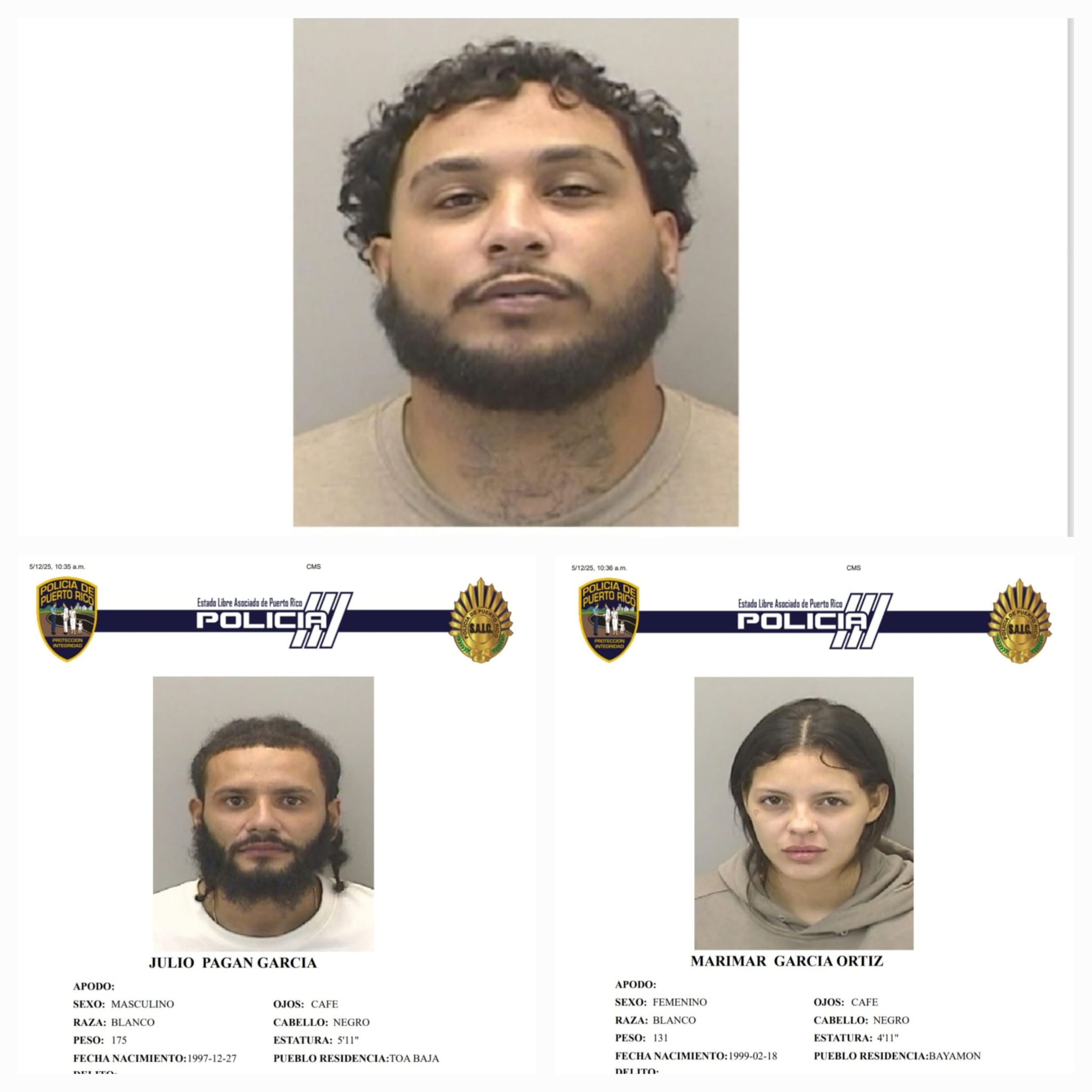 Jesús Lazos Barrios, Julio Pagán García y Marimar García Ortiz enfrentan cargos por un doble asesinato durante un intento de “carjacking” ocurrido el 18 de enero de 2024 en Caimito.