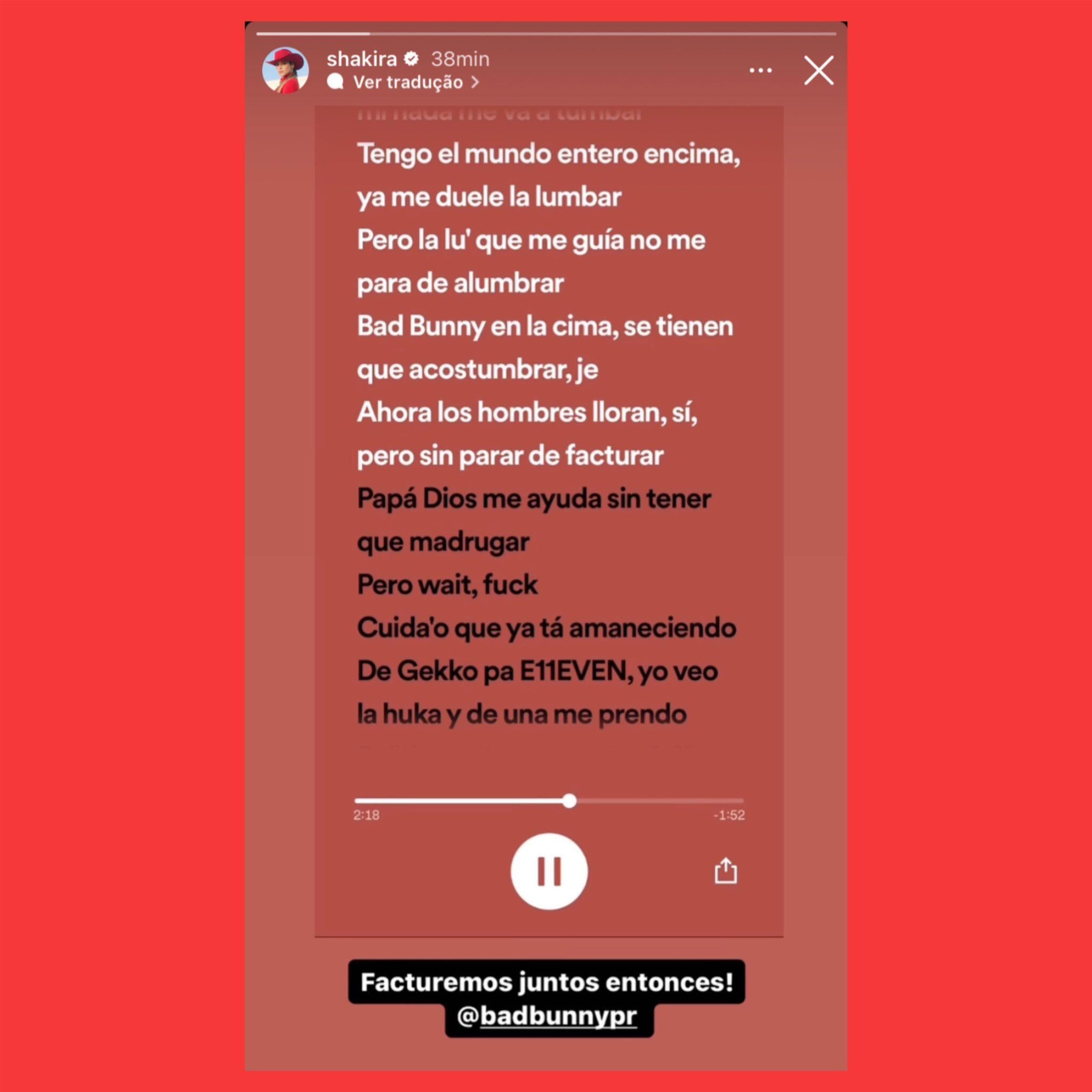 Shakira le responde a Bad Bunny en un "story" en su cuenta de Instagram.