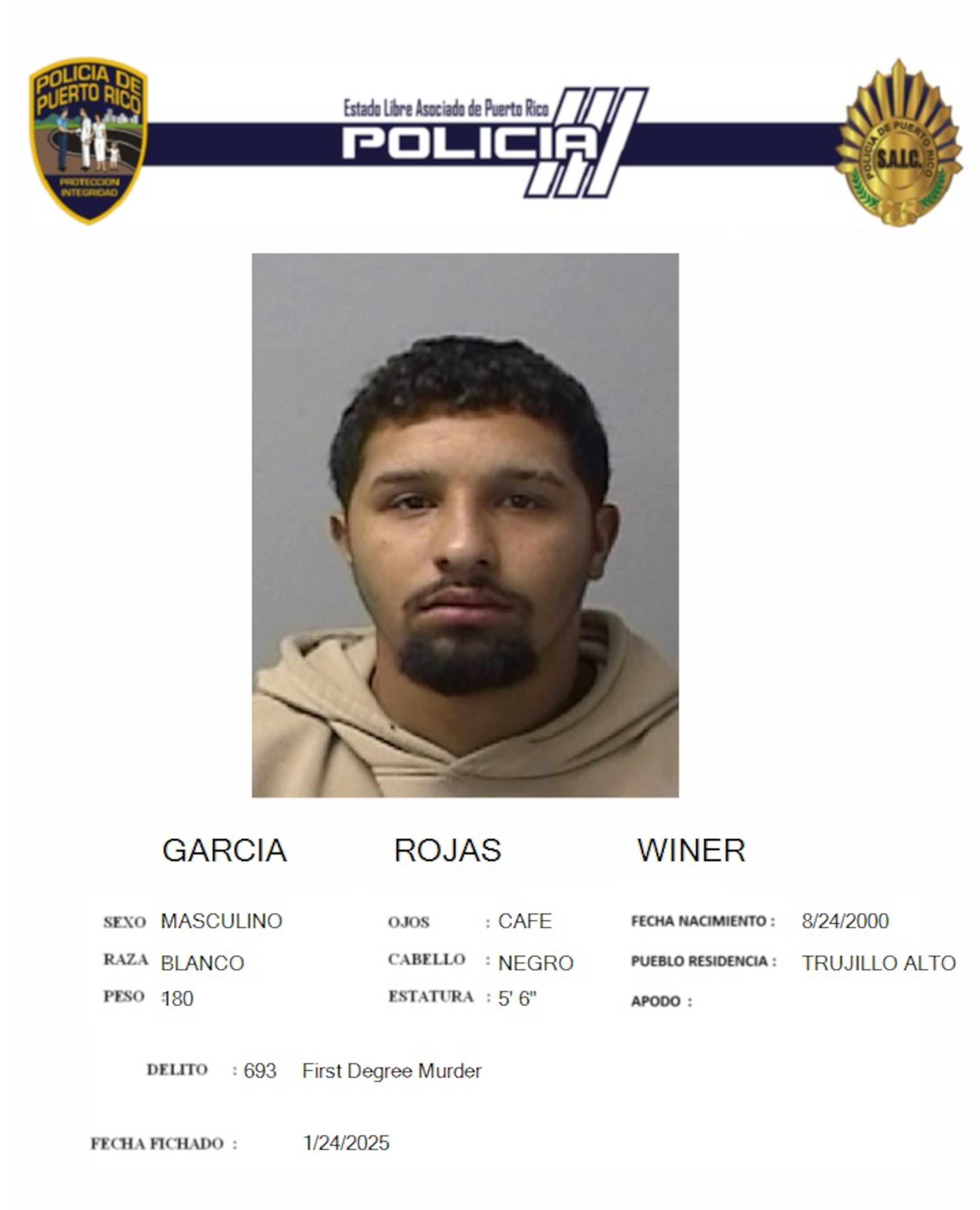 Ficha policiaca de Winer García Rojas, de 25 años.