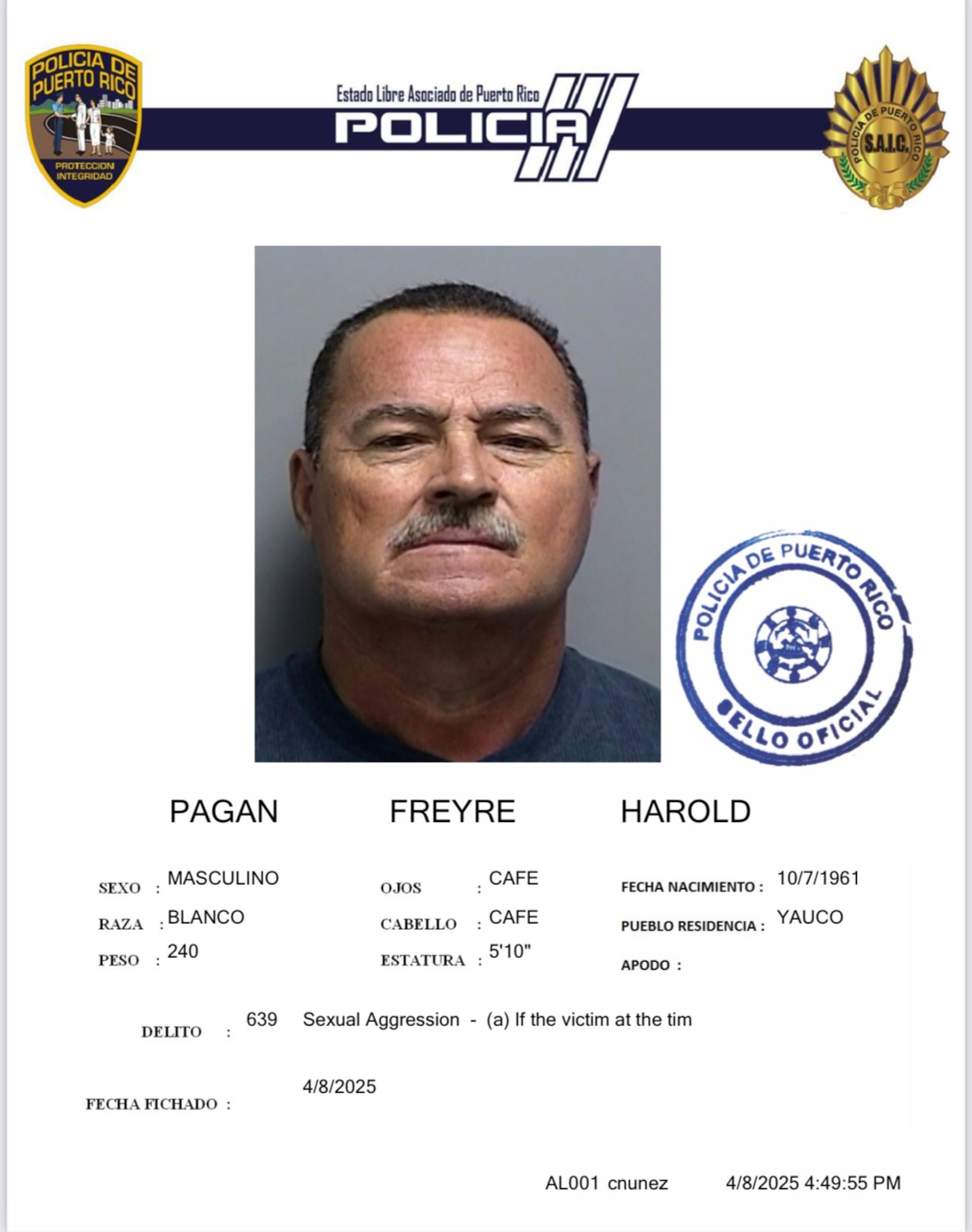 Harold Pagán Freyre, fue acusado por agresión sexual contra una menor.