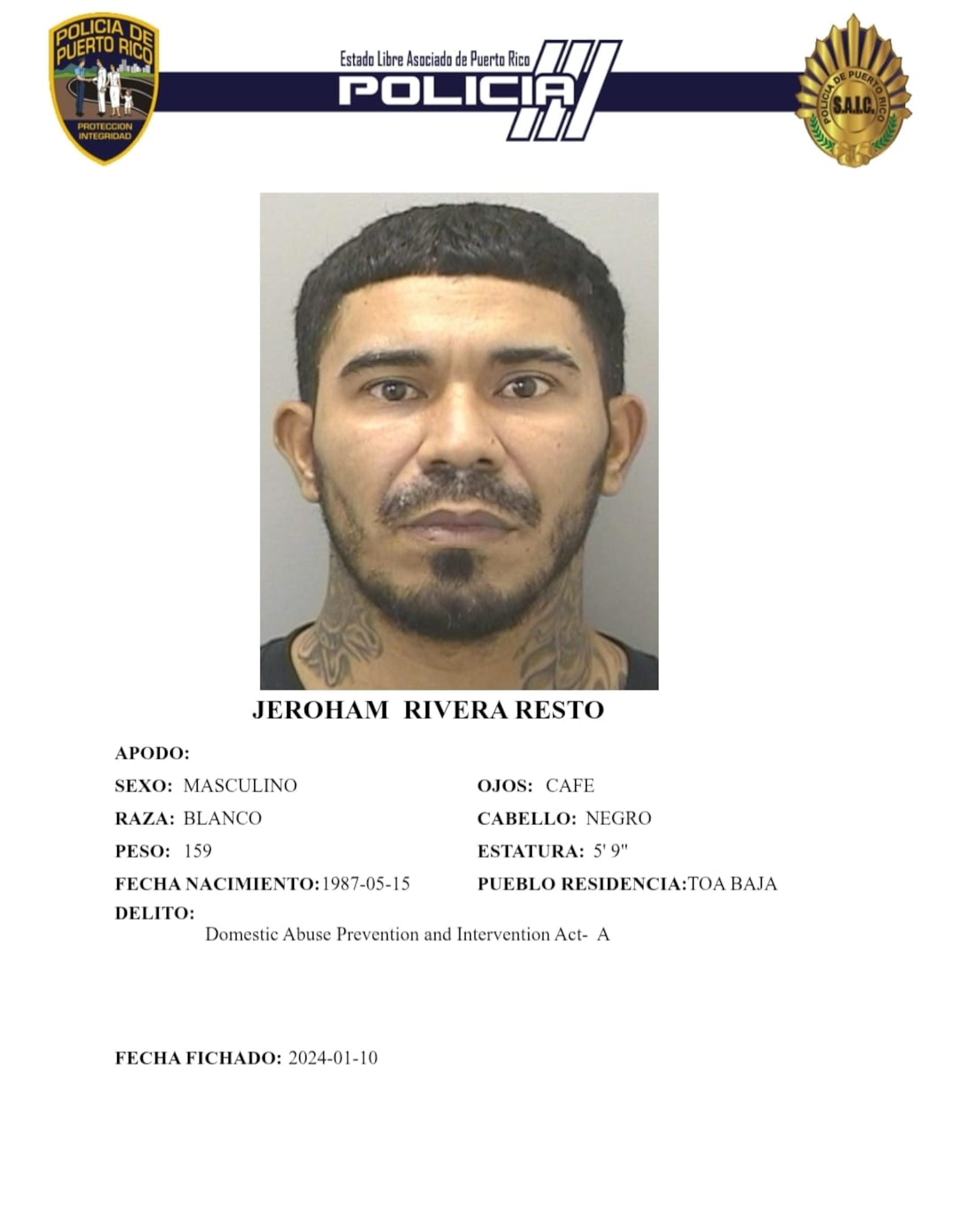 Jeroham Rivera Resto, enfrenta cargos por agresión sexual, maltrato de menores, violencia doméstica y violación a la Ley de Armas, informó el Departamento de Justicia.