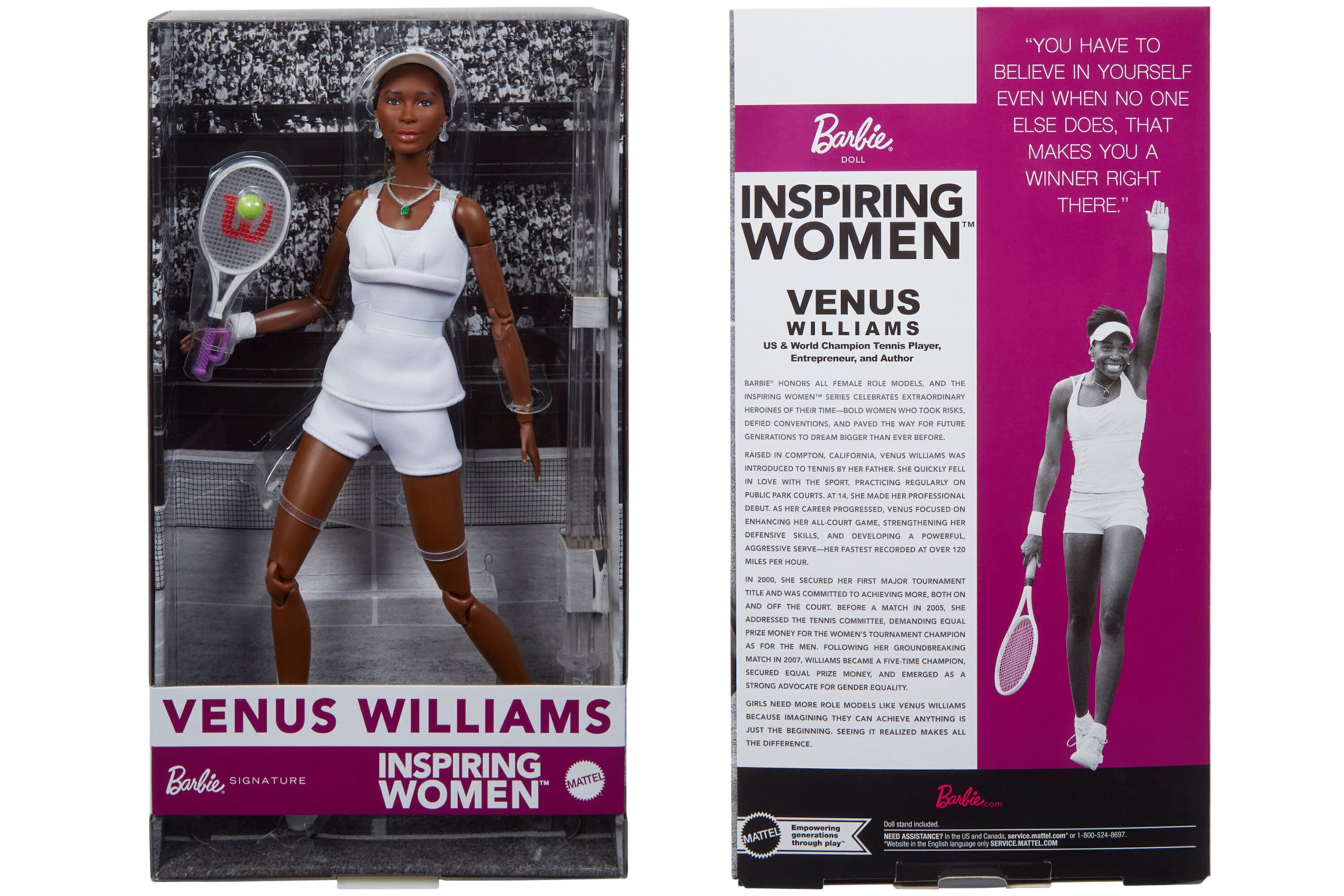 Imagen que presentó Mattel de la muñeca Barbie de Venus Williams como parte de la colección Mujeres Inspiradoras. (Mattel via AP)