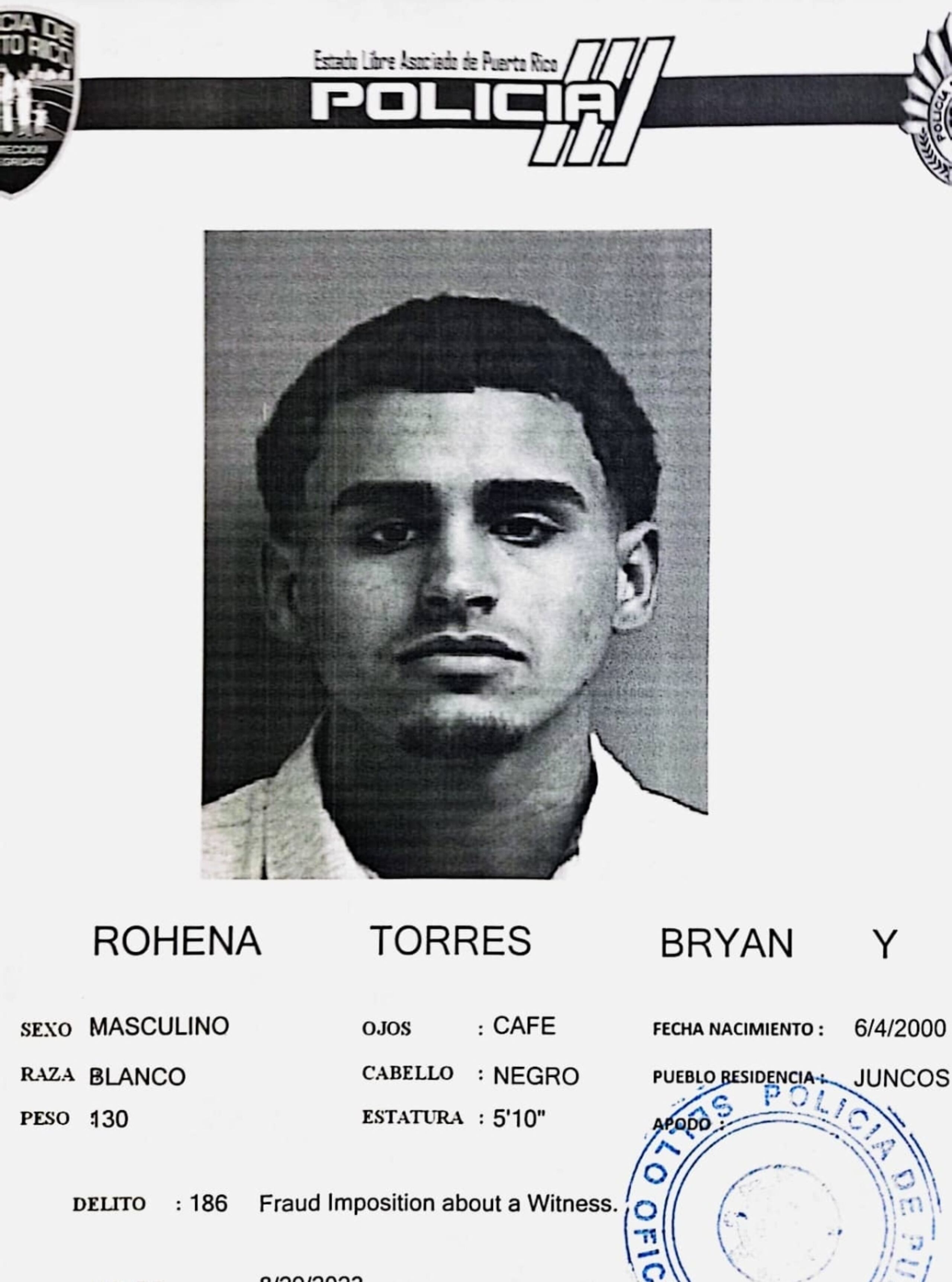 Ficha policial de Bryan Rohena Torres.