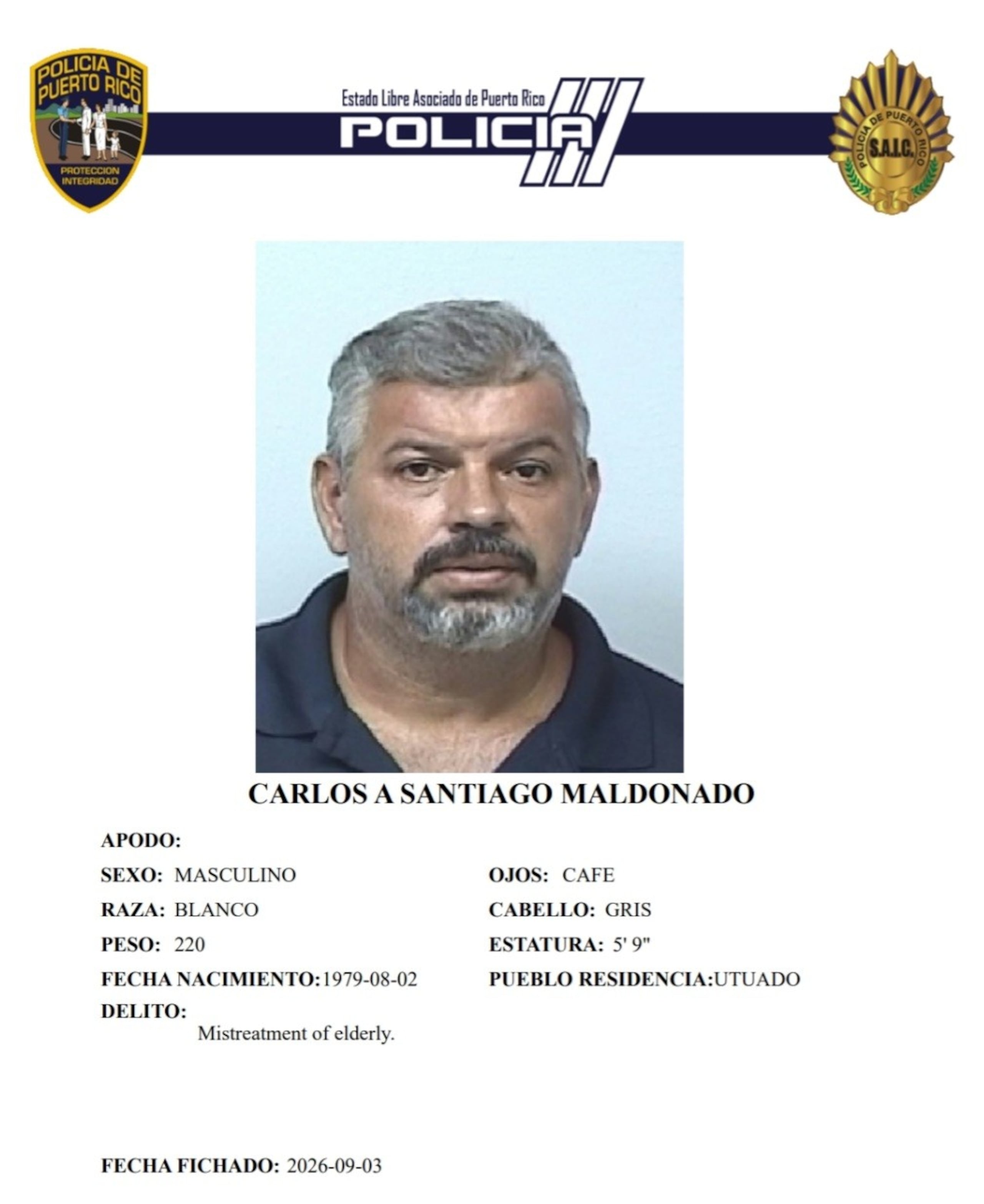 Un cargo por maltrato a persona de edad avanzada, fue radicado contra Carlos A. Santiago Maldonado, de 47 años y residente de Utuado.