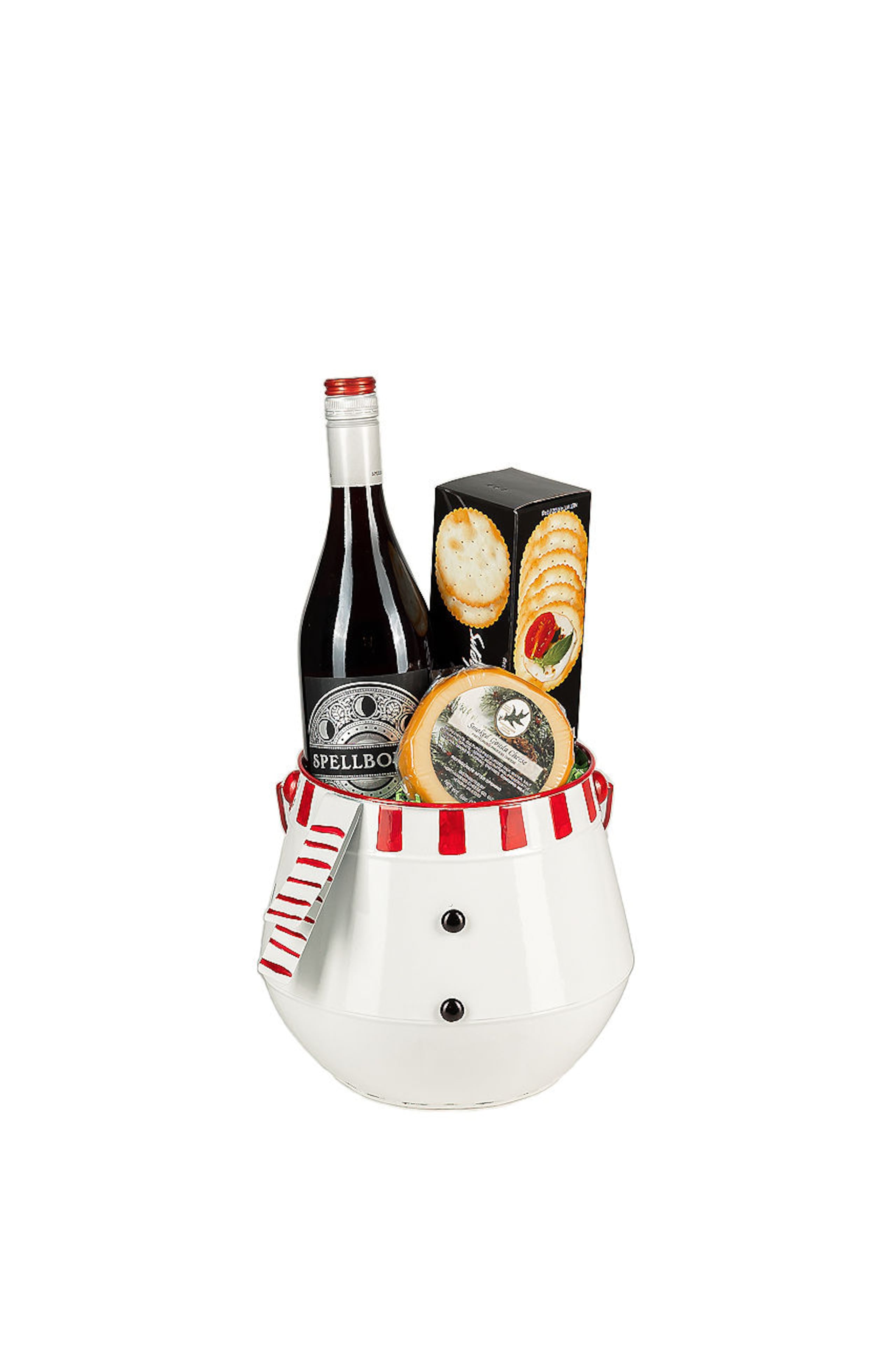 Base en metal de muñeco de nieve con vino californiano Spellbound Pinot Noir y conservas.