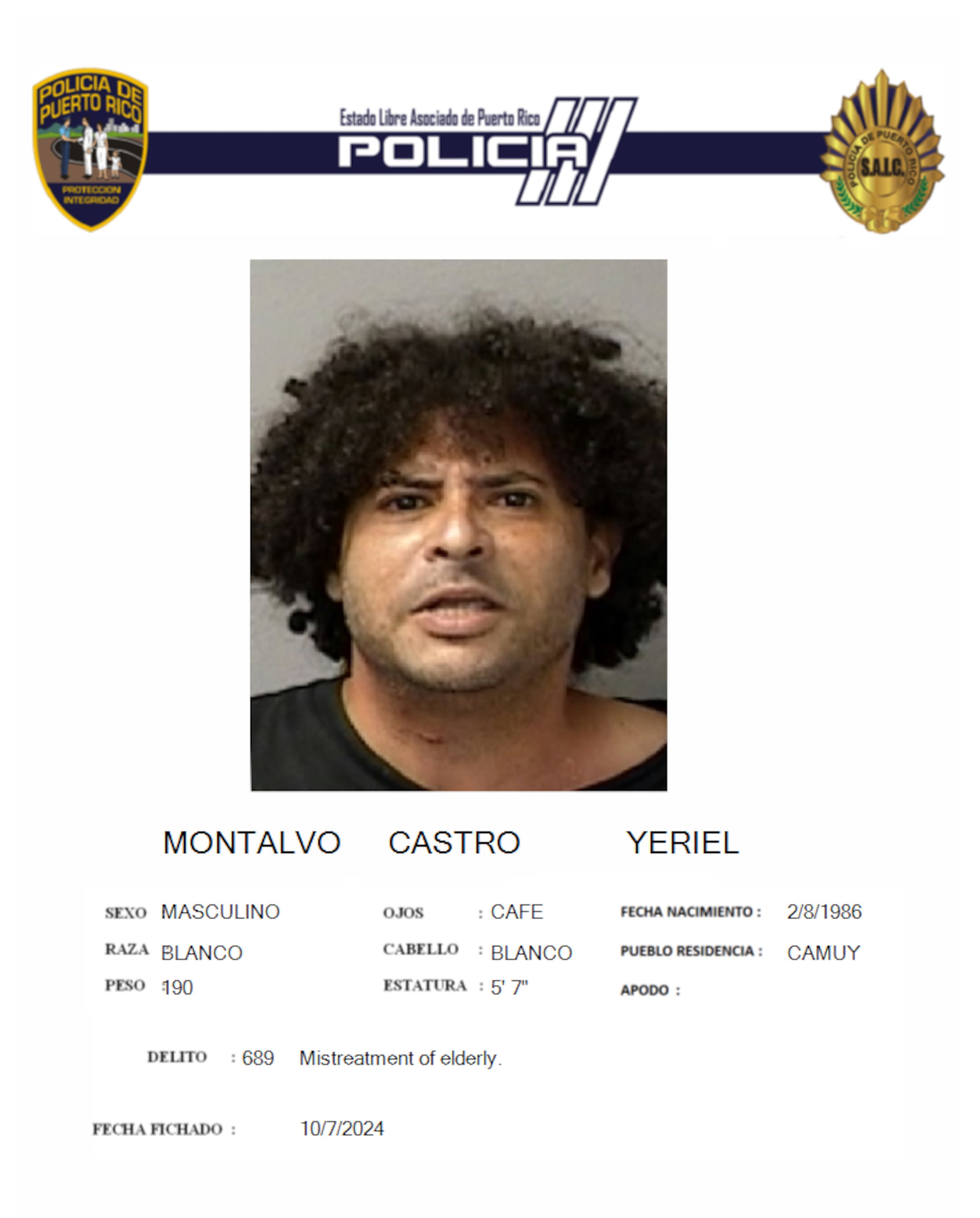 Yariel Montalvo Castro, fue acusado por violación a la Ley de Armas y maltrato a personas de edad avanzada, en este caso su padre.