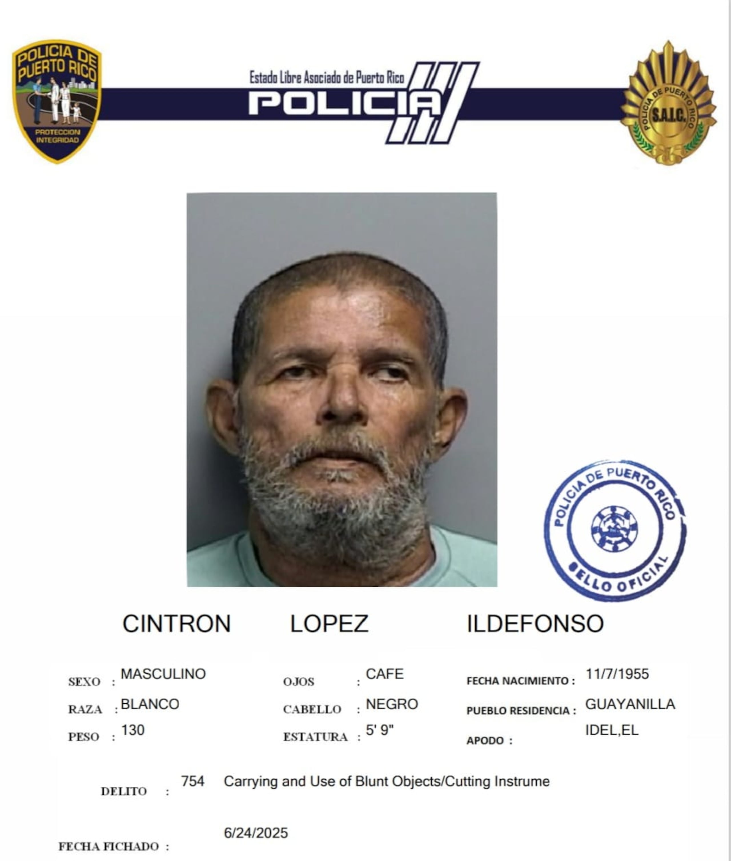 Ildefonso Cintrón López, enfrenta cargos por maltrato de menores y violación a la Ley de Armas.