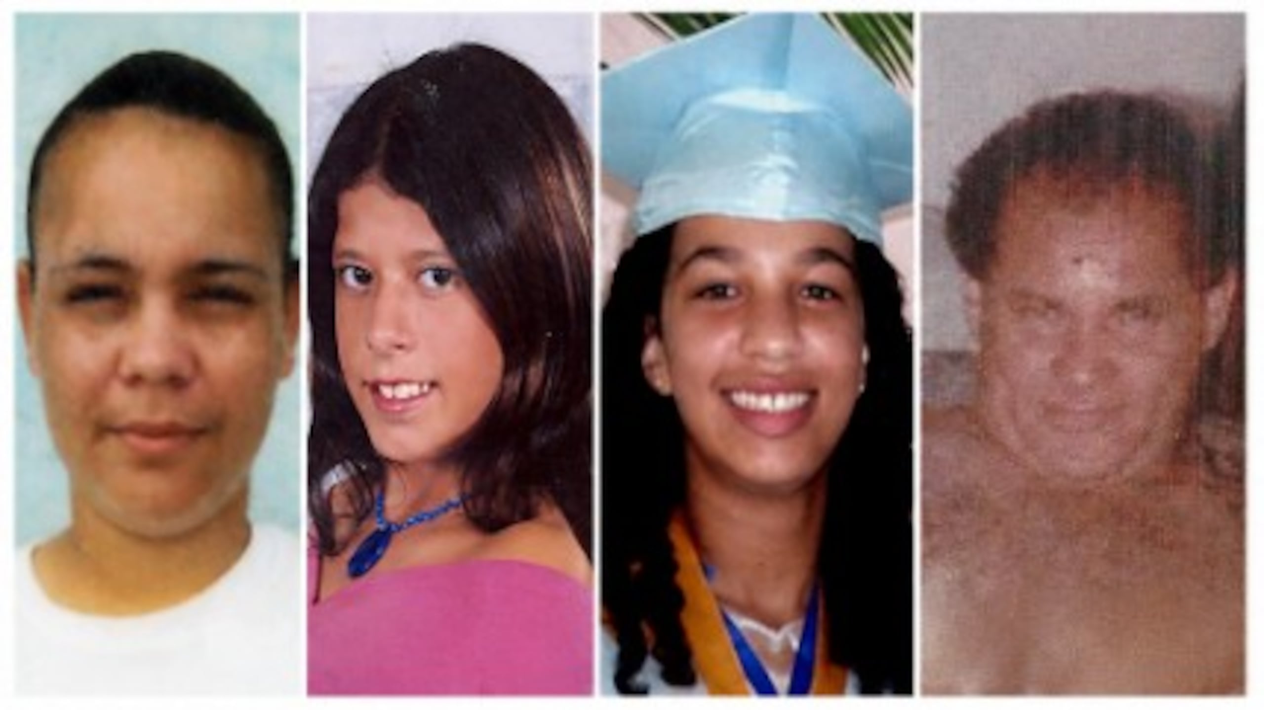 De izquierda a derecha, Yeritza Aponte Soto, de 17 años, Cristina Esther Ruiz, de 13 años, Kamile Stephanie Burgos, de 12 y Domingo García Hernández, suegro de Matías Torres, todos reportados desaparecidos hace décadas.