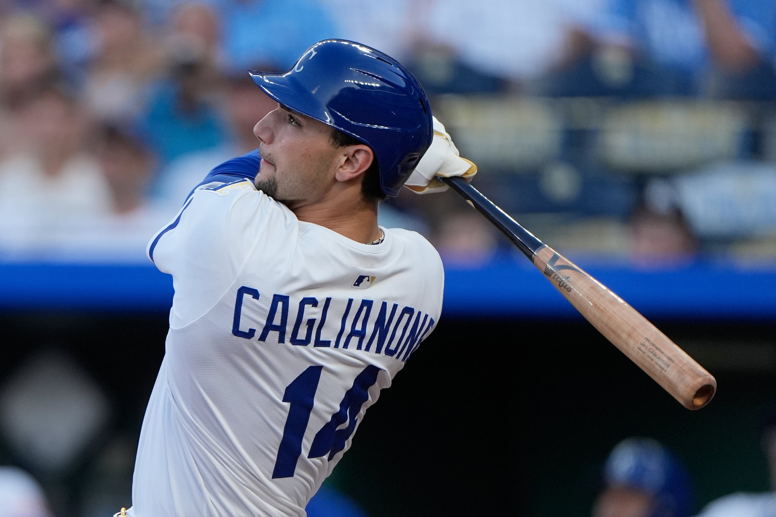 Kansas City Royals' Jac Caglianone watches his two-run home run during the third inning of a baseball game against the Pittsburgh Pirates, Wednesday, July 9, 2025, in Kansas City, Mo. (AP Photo/Charlie Riedel)