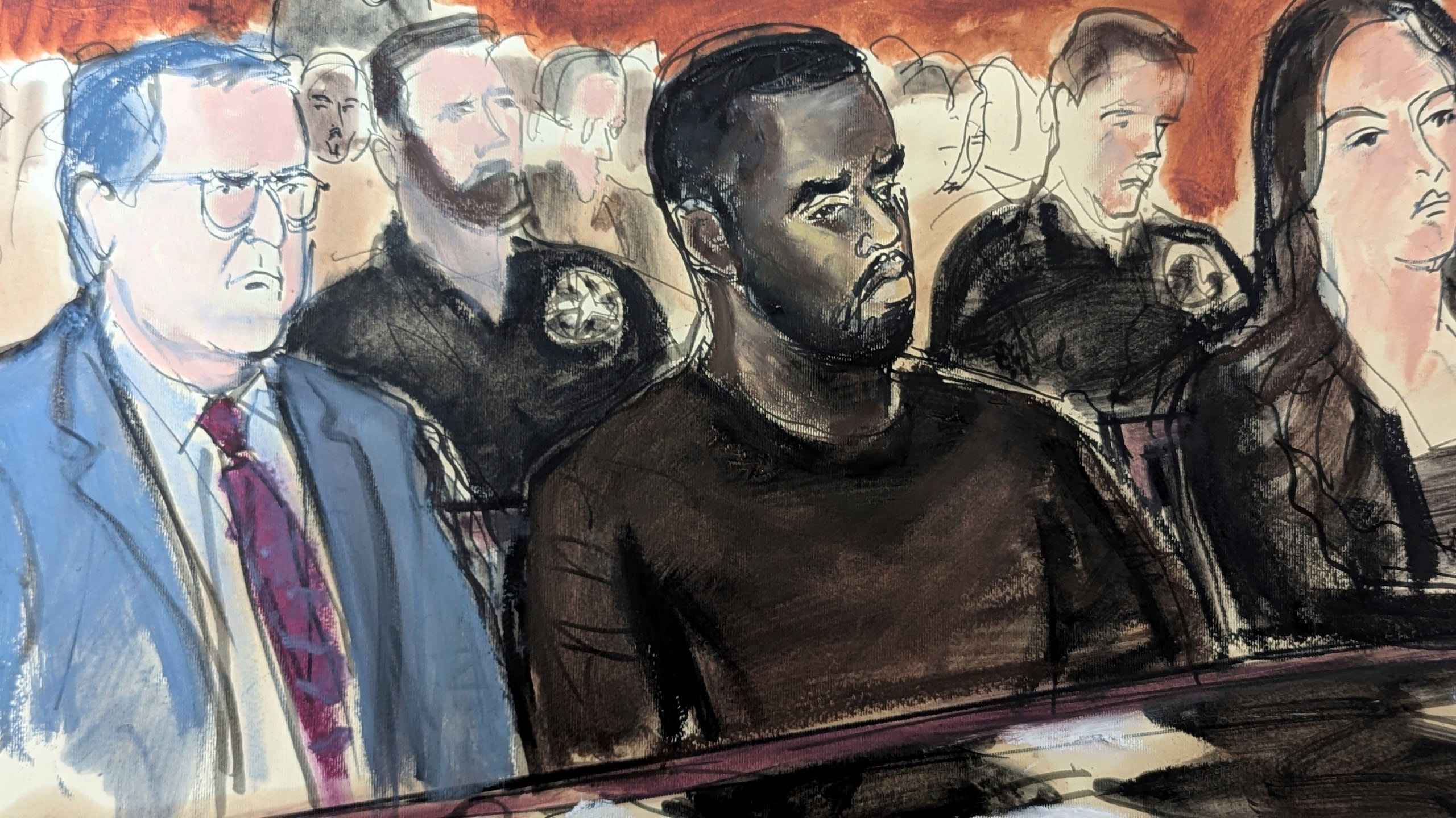 Boceto de Sean “Diddy” Combs, en el centro, flanqueado por su abogado defensor Marc Agnifilo, a la izquierda, y Teny Garagos, en el Tribunal Federal de Manhattan, el 17 de septiembre de 2024, en Nueva York.