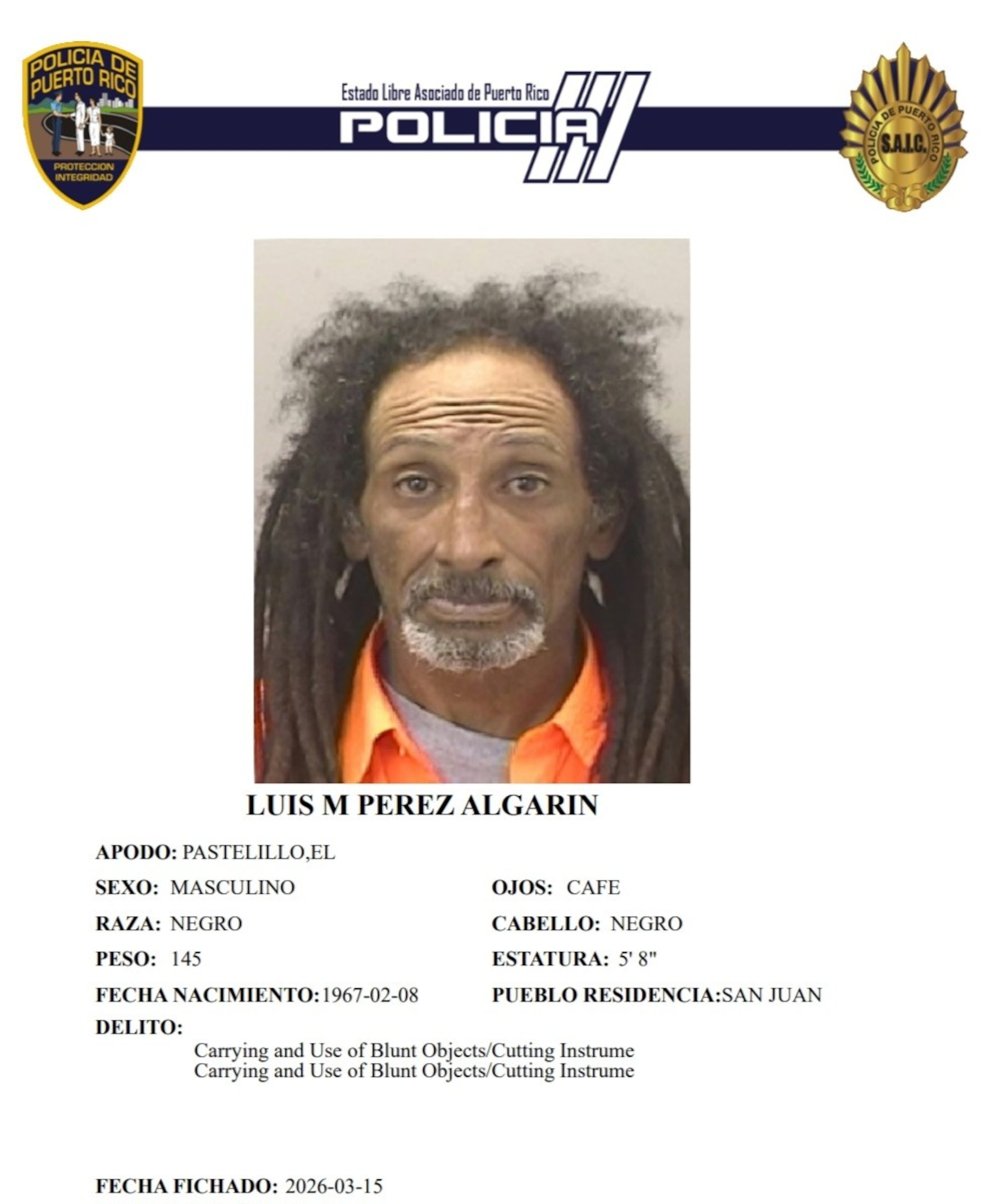La fiscalía de San Juan, Ana M. Martínez Orama radicó ayer, domingo, cargos por portación y uso de arma blanca, agresión y amenaza, a Luis M. Pérez Algarín, alias “Pastelillo”, de 59 años.
