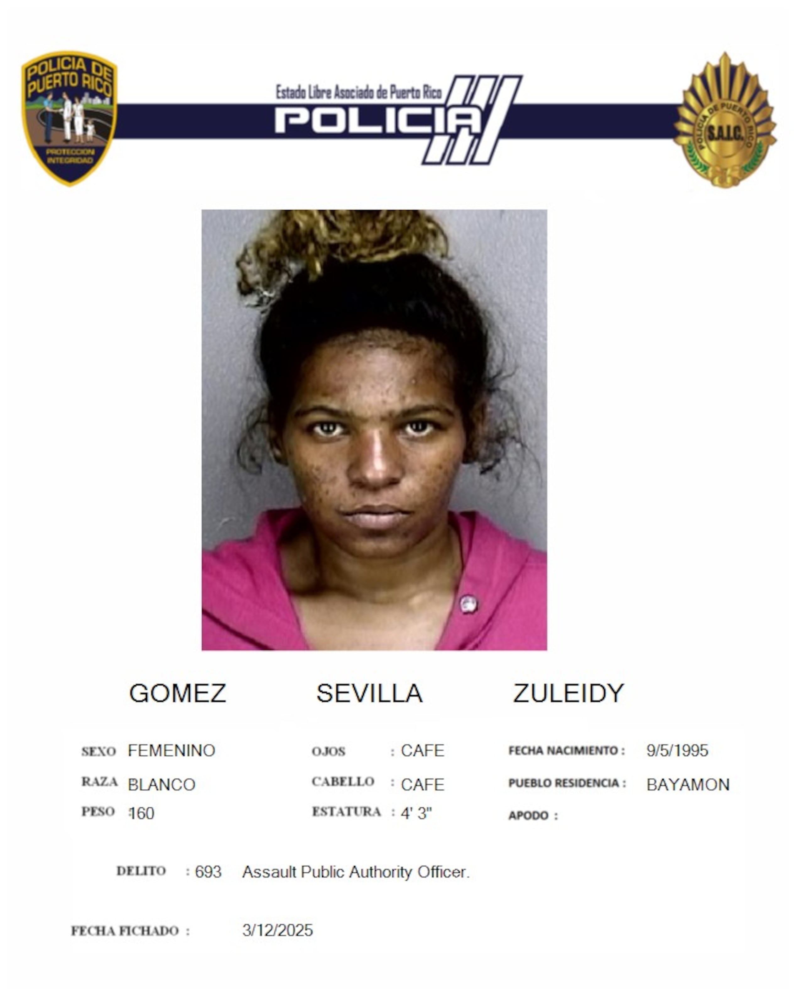 Zuleidy Gómez Sevilla, enfrenta cargos por Ley de Armas, empleo de la violencia contra la autoridad pública, daños a una patrulla; obstrucción a la autoridad pública.