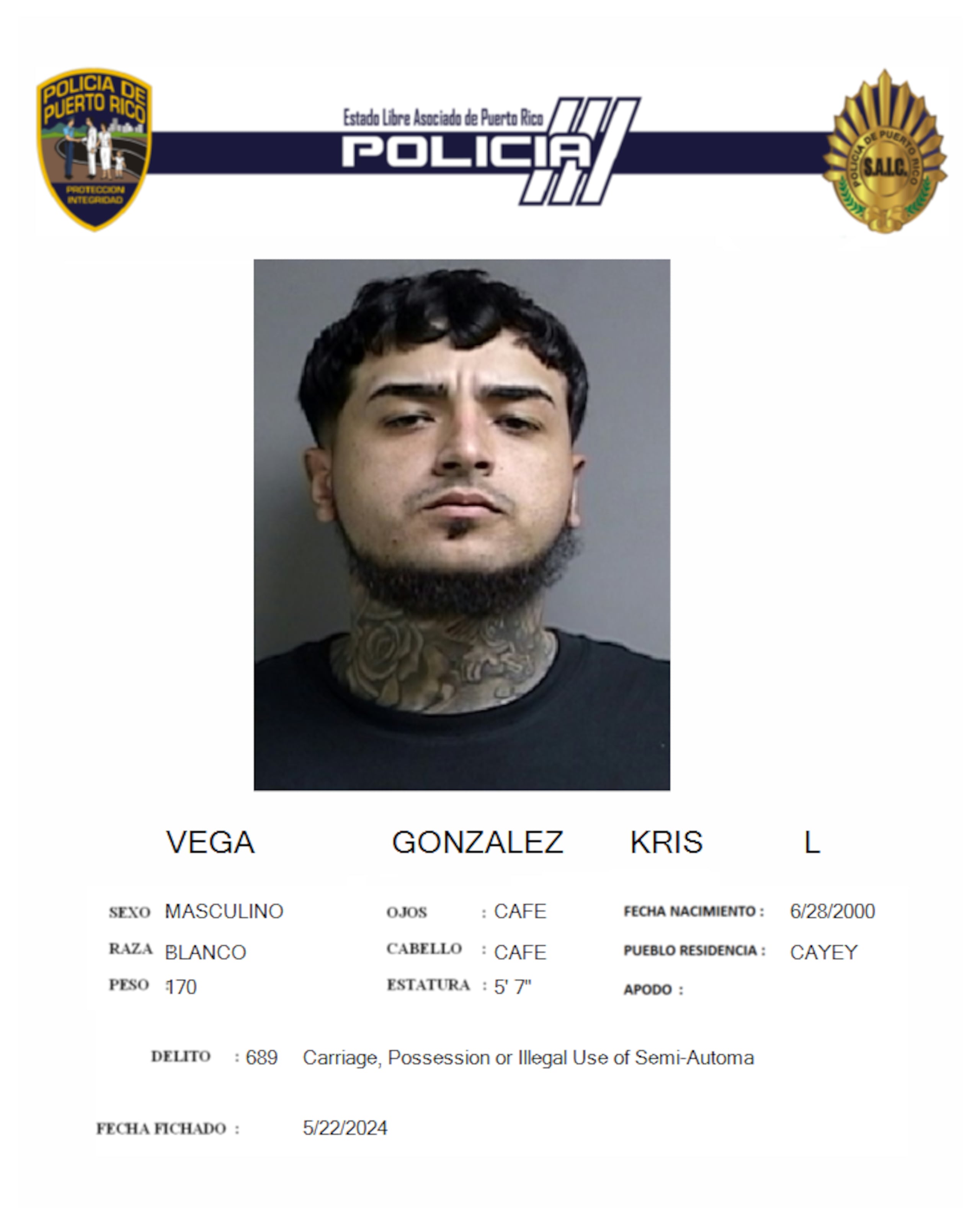 Contra Kris L. Vega González, alias El Cantante, pesa una orden de arresto con una fianza de $8 millones por un doble asesinato ocurrido en Cayey.