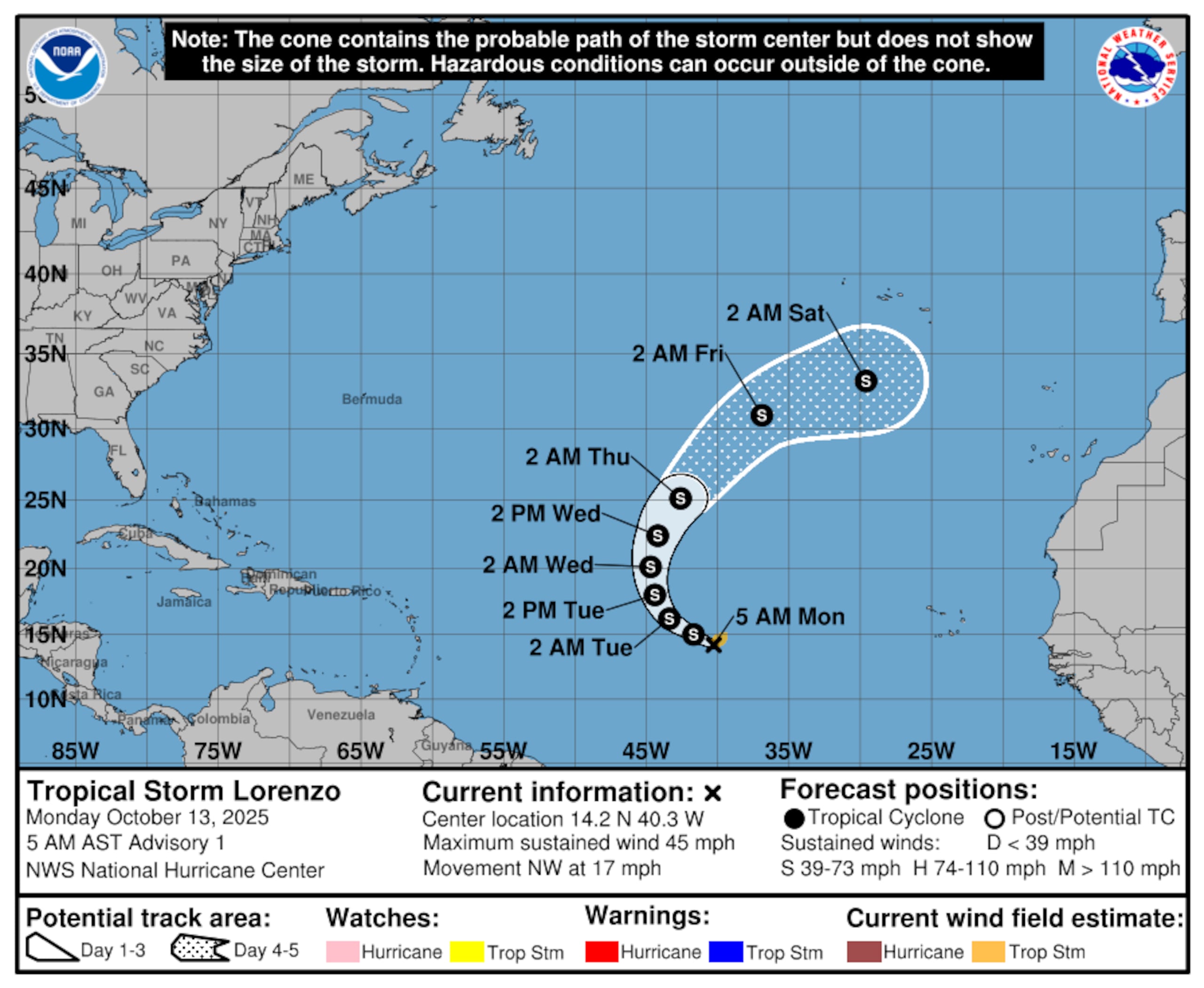 Pronóstico de la tormenta tropical Lorenzo en la mañana del 13 de octubre de 2025.