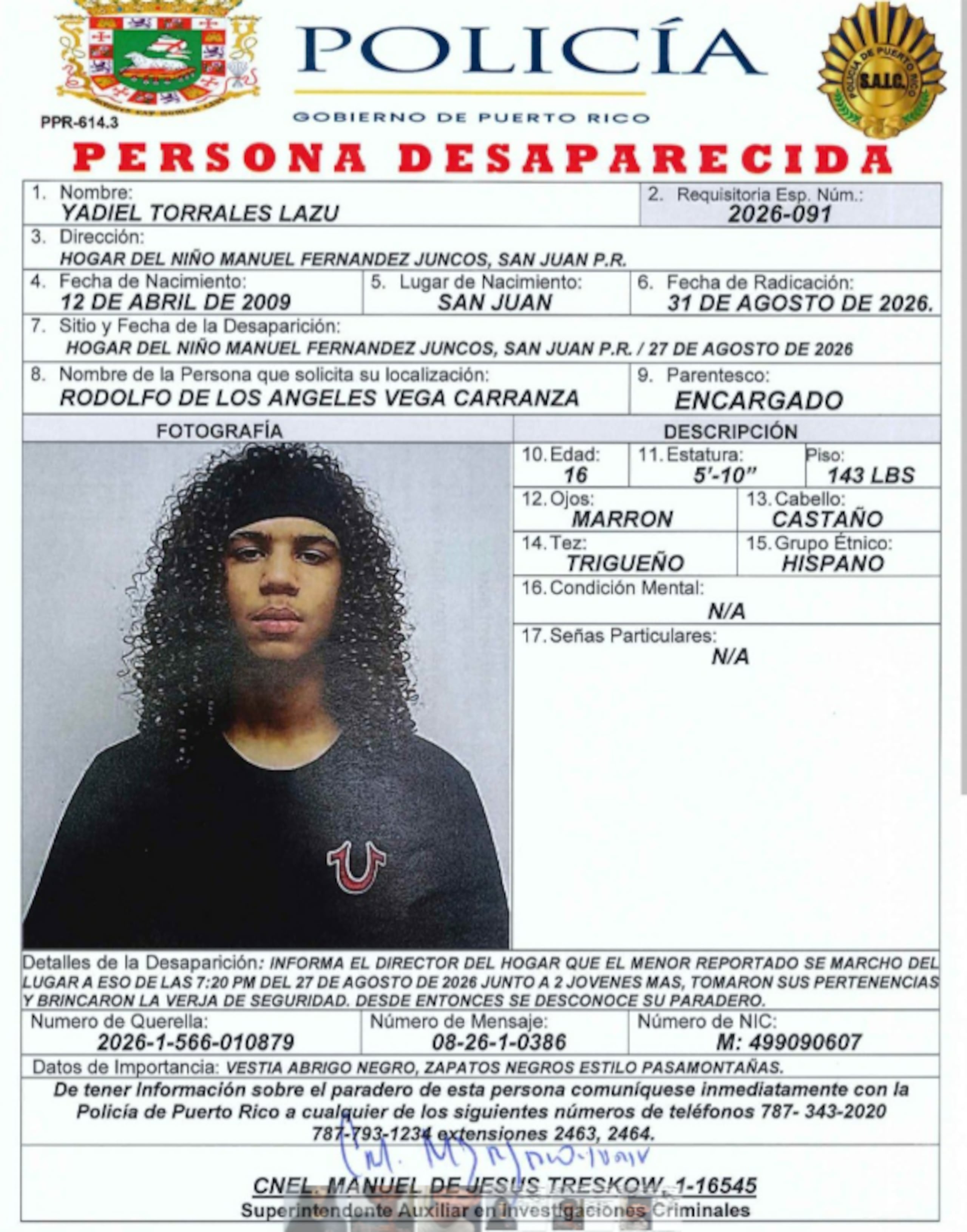 Requisitoria de persona desaparecida correspondiente a Yadiel Torrales Lazú, de 16 años.