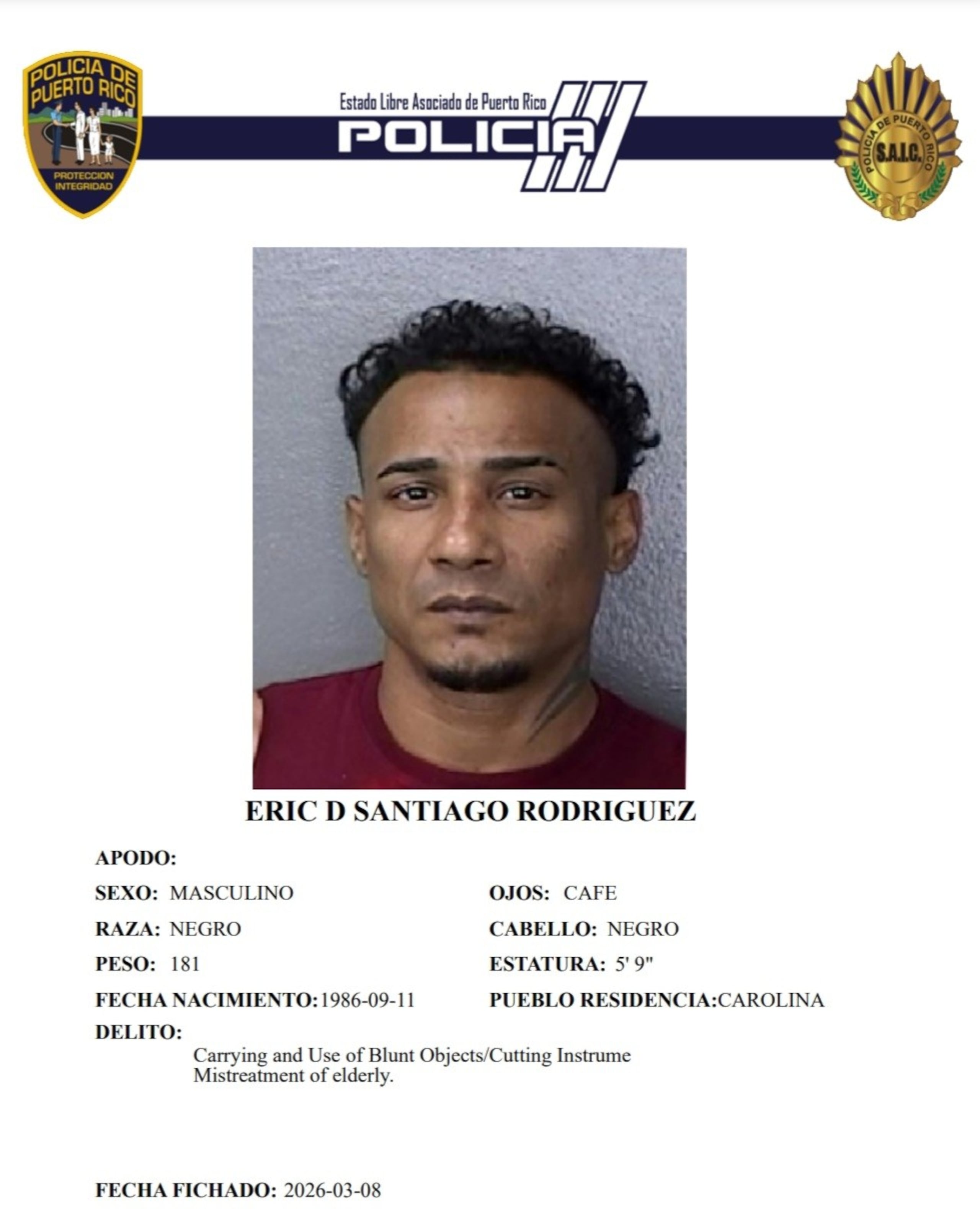 Eric D. Santiago Rodríguez, enfrenta cargos por maltrato a un adulto mayor y violación a la Ley de Armas.