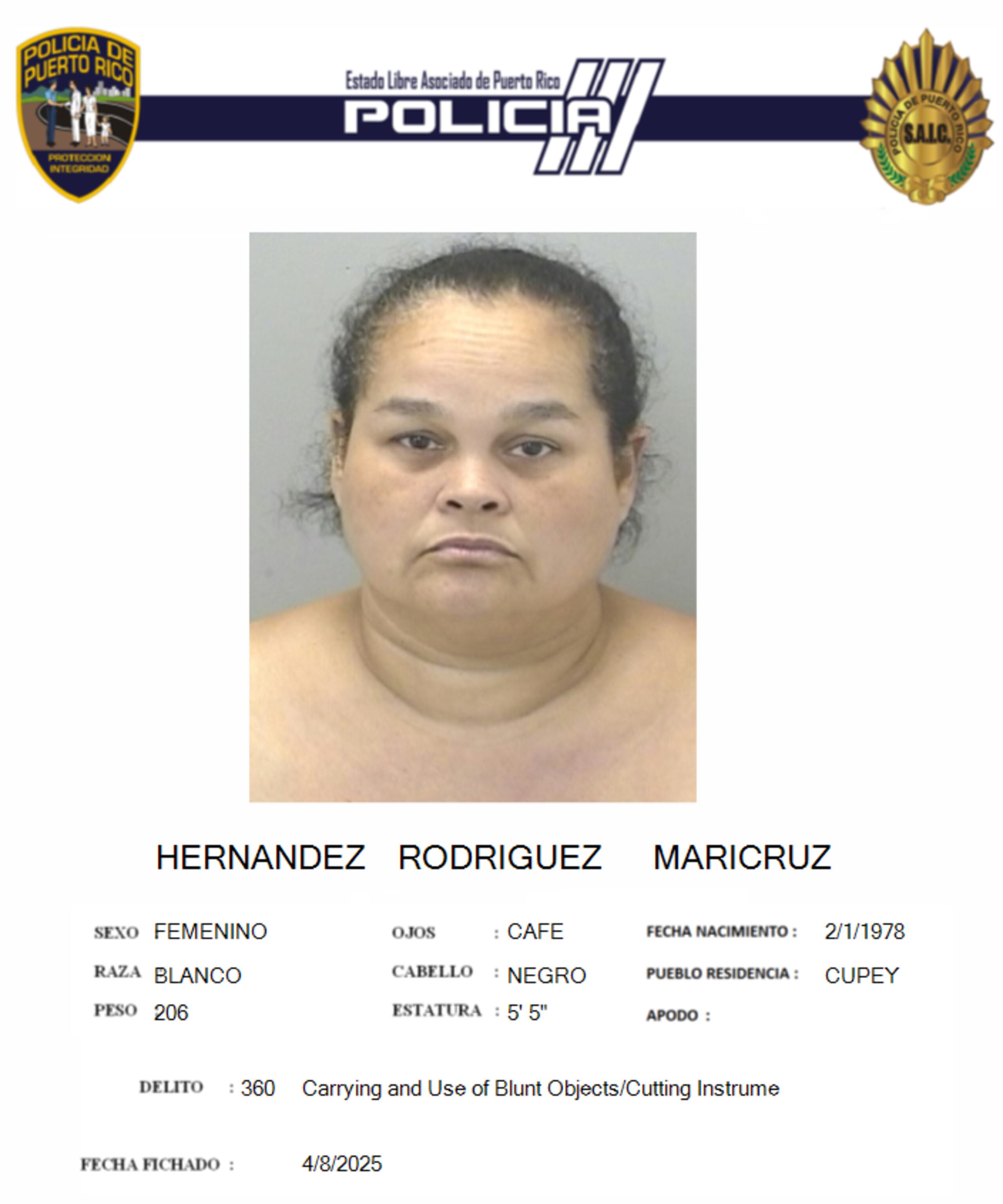 Maricruz Hernández Rodríguez, enfrenta cargos por violaciones a la Ley de Armas, daños agravados, obstrucción a la autoridad pública, empleo de violencia o intimidación contra la autoridad pública y tentativa de asesinato.