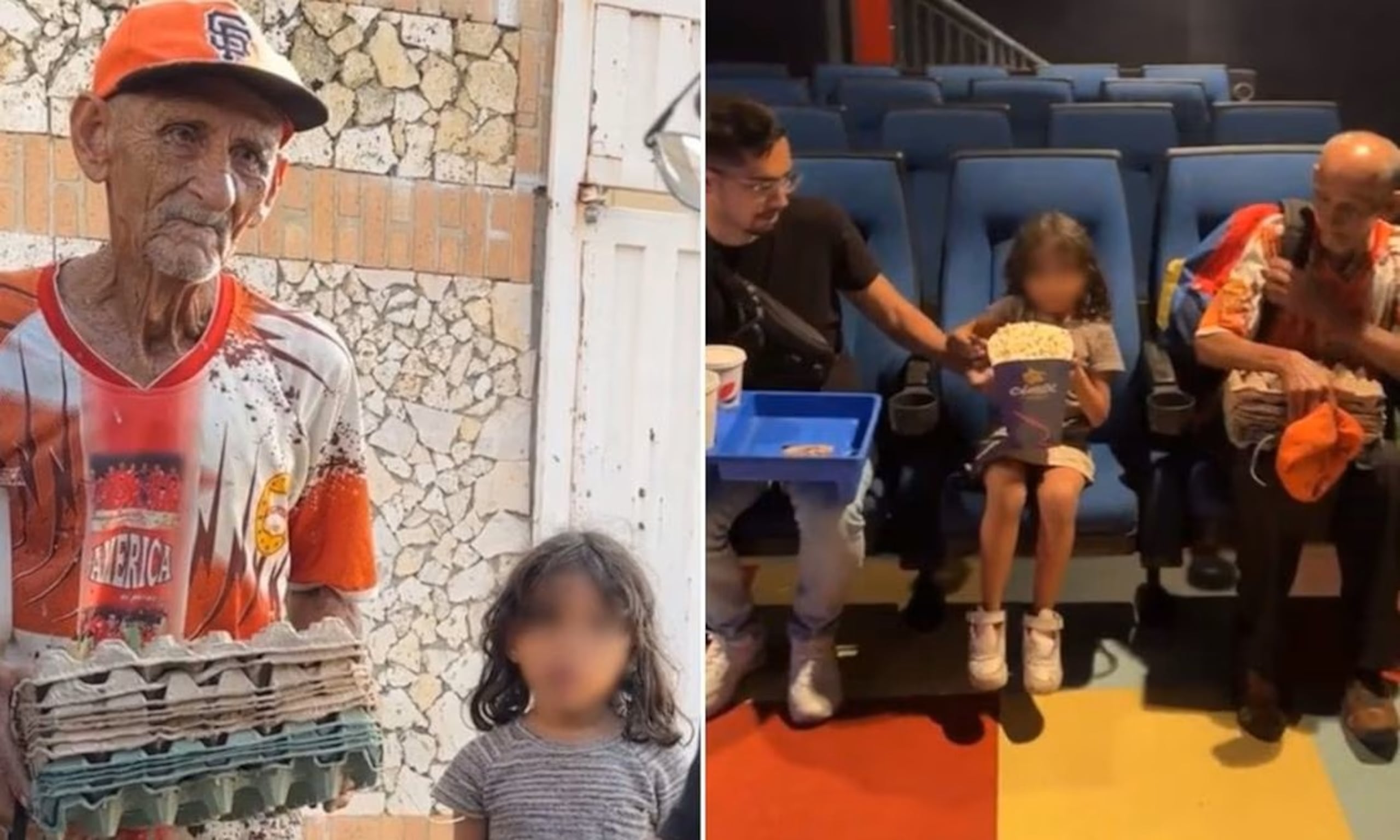 Además de invitarlos al cine, donde les compra palomitas y dulces, en el clip también se aprecia que el joven decide regalarles un par de tenis a cada uno.