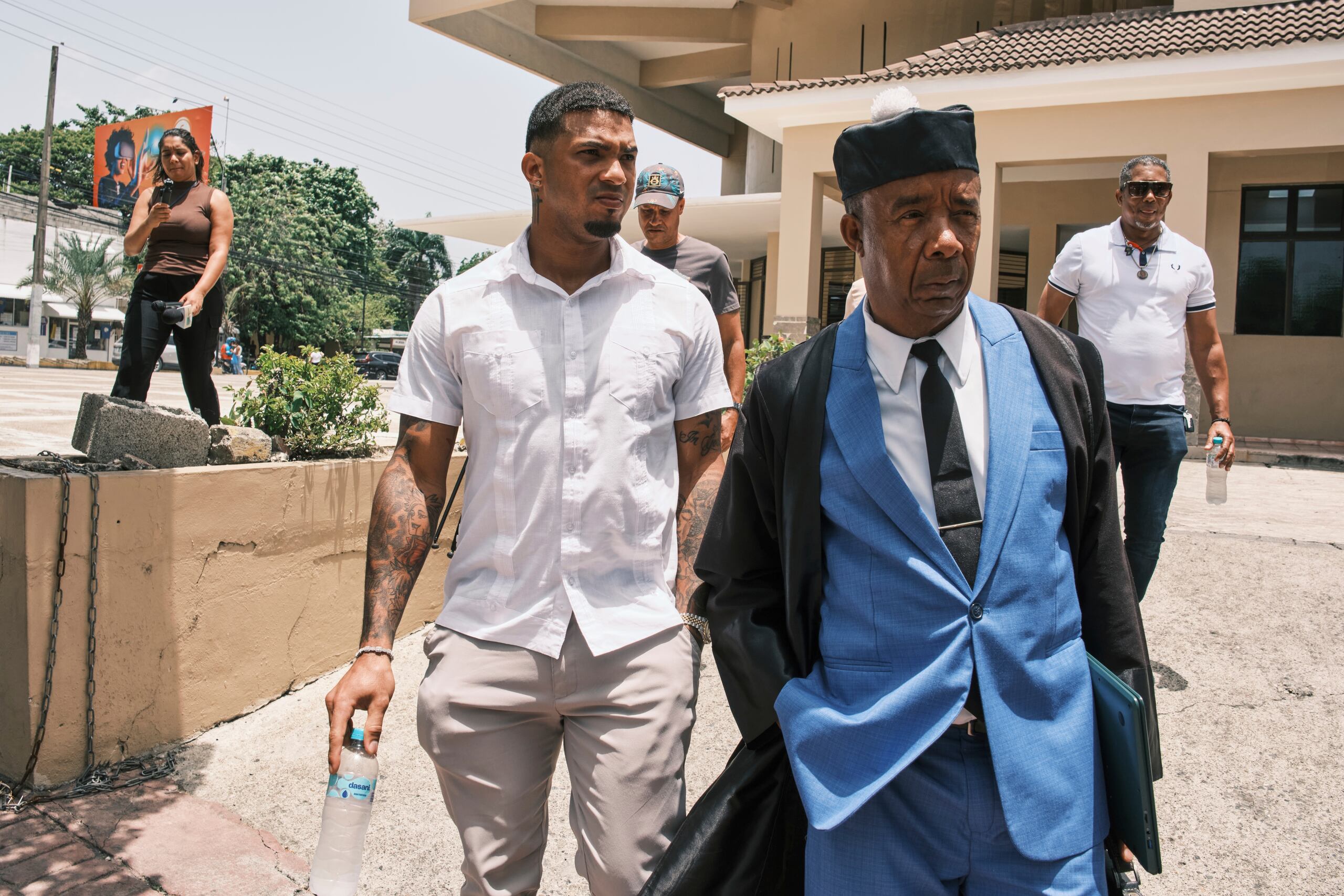 Tampa Bay Rays shortstop Wander Franco and his lawyer, Teodosio Jaquez, leave court during a break in his trial on charges of sexually abusing a minor, in Puerto Plata, Dominican Republic, Monday, June 2, 2025. (AP Photo/Ricardo Hernandez)
