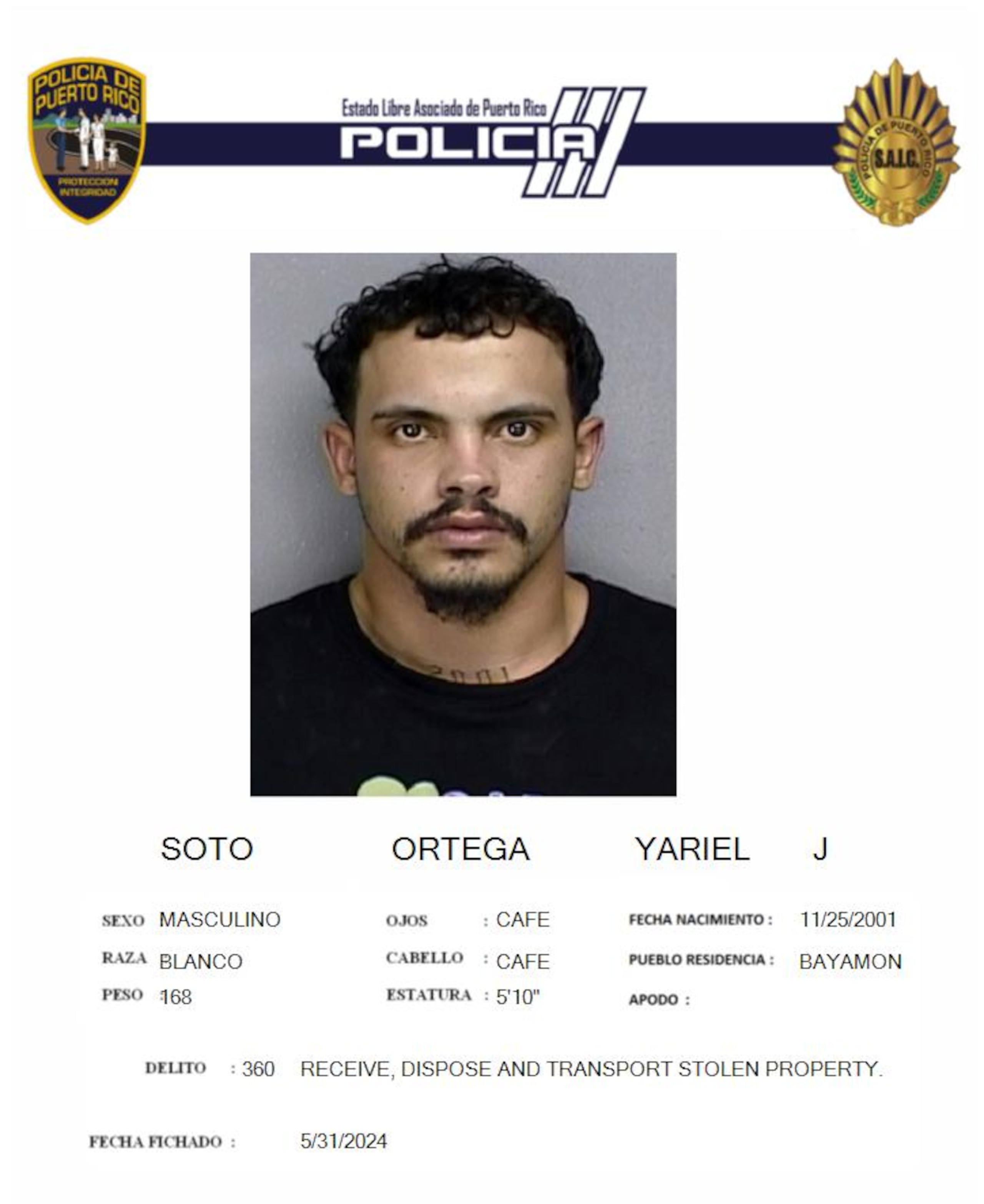 Yariel Soto Ortega, quien se encontraba en probatoria, fue arrestado en Bayamón por la posesión de un arma ilegal.