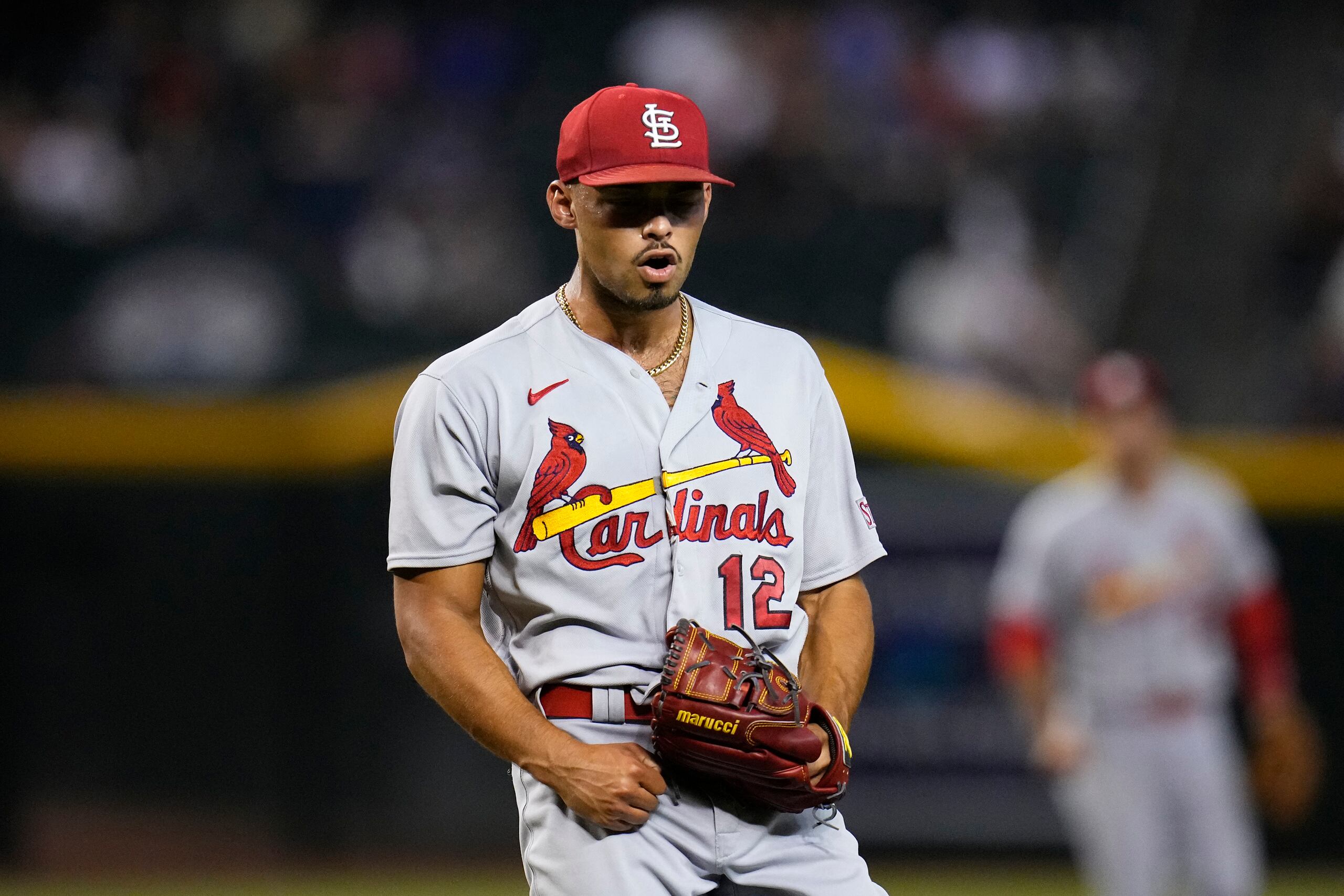 En foto del 24 de julio del 2023, el relevista de los Cardinals de San Luis, Jordan Hicks, celebra el último out en la novena entrada del juego ante los Diamondbacks de Arizona.