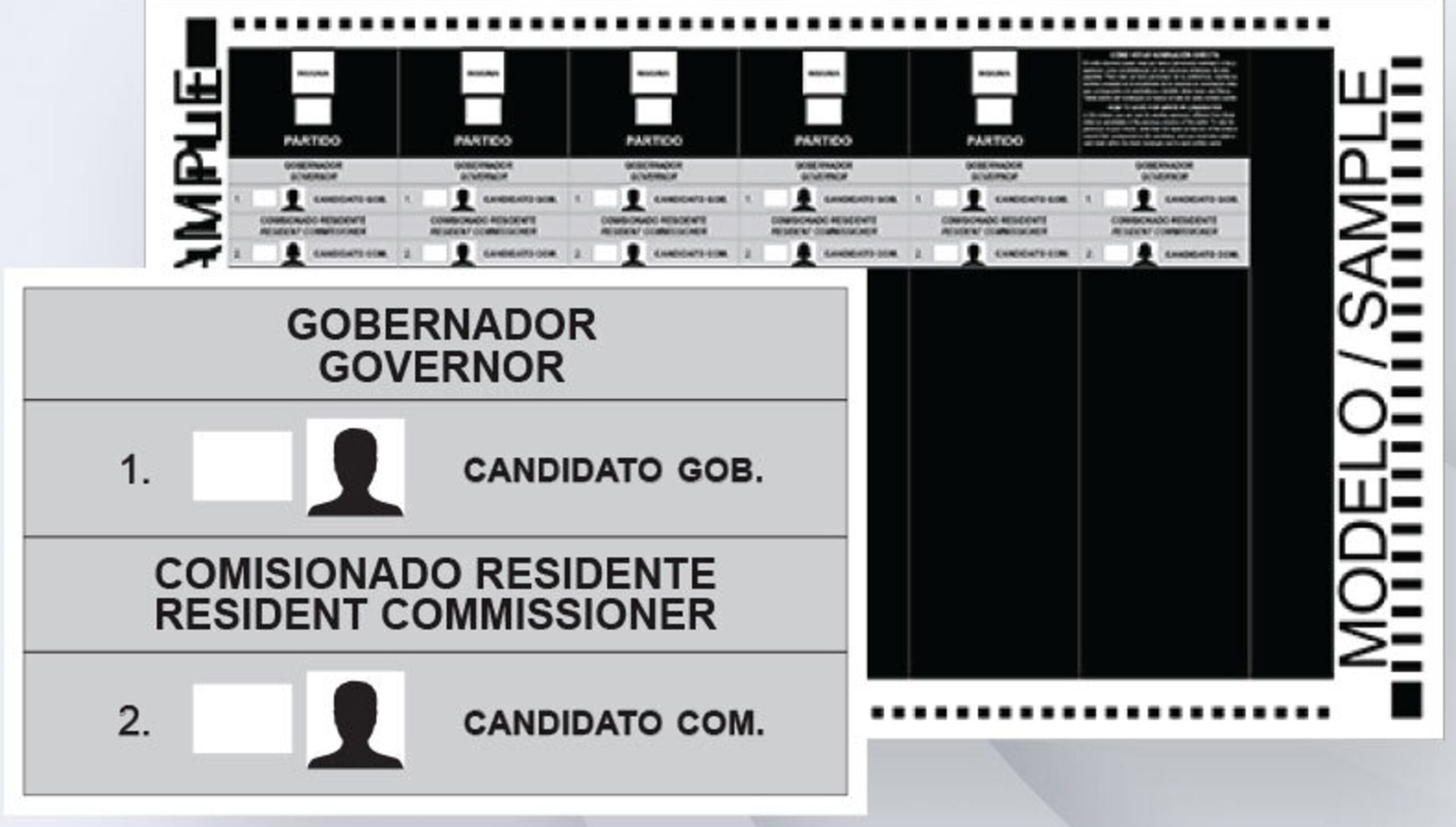 Papeleta Estatal
Es color gris oscuro
- Votarás por el cargo de gobernador y el de comisionado residente.
- Puedes  votar íntegro, mixto, por candidatura o nominación directa.
- Sigue las instrucciones en la papeleta, vota solo por la cantidad de candidatos permitidos.