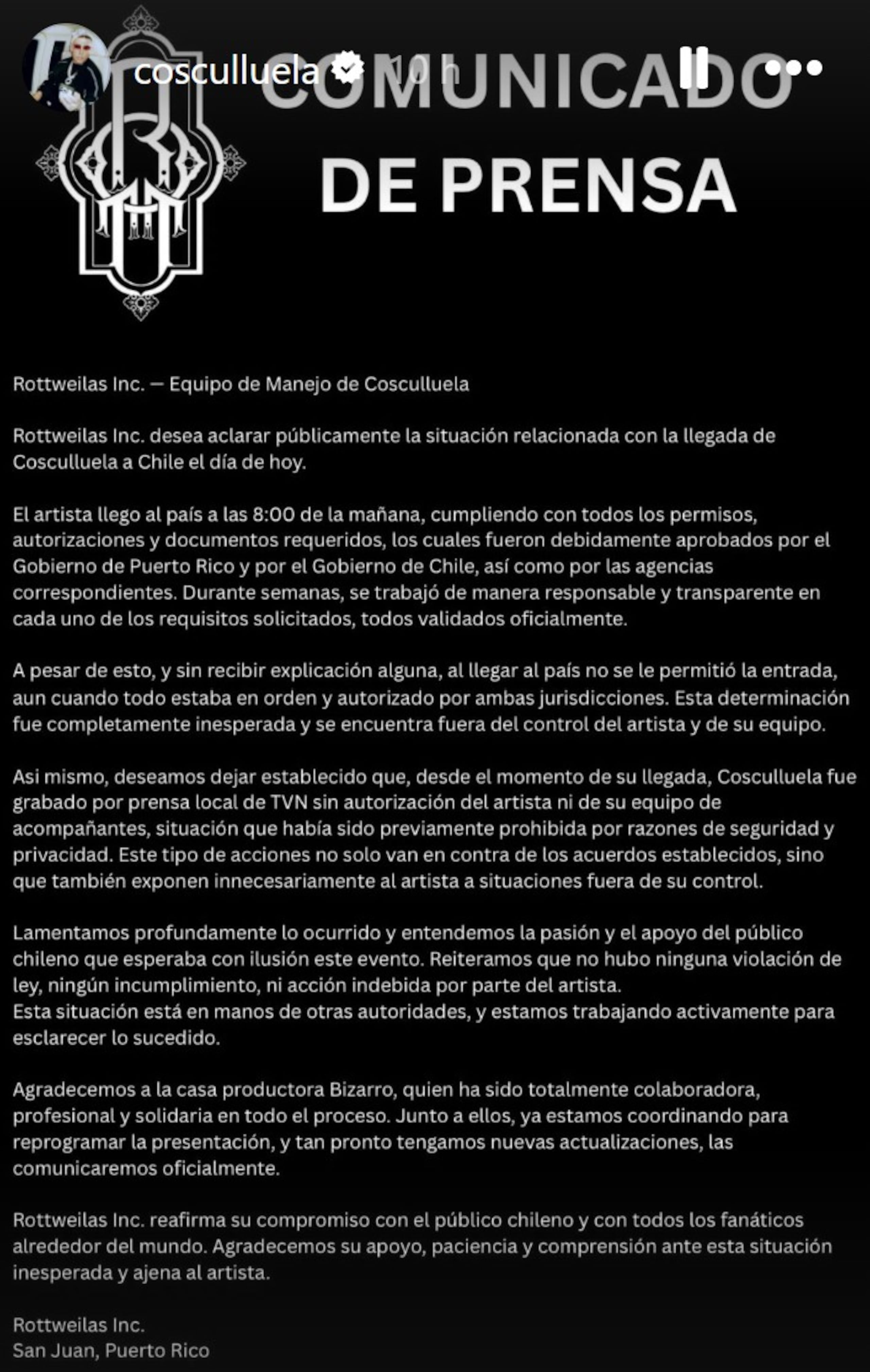 El artista publicó un comunicado por parte de su equipo de manejo.