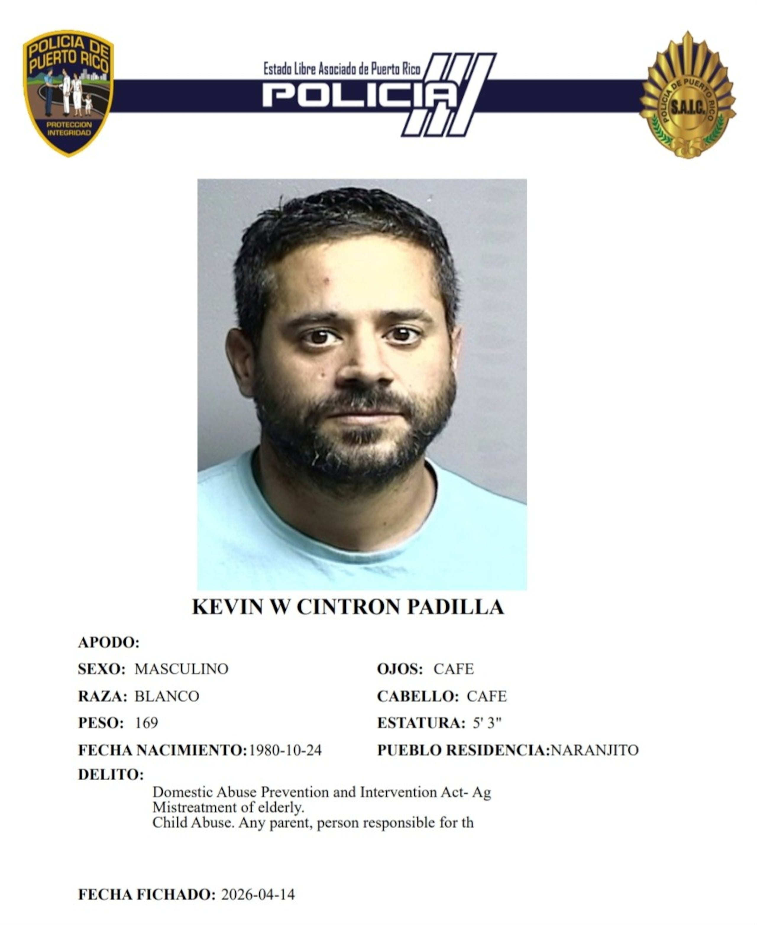 Kevin W. Cintrón Padilla, enfrenta cargos por maltrato consyugal, de menores y a una persona de edad avanzada.