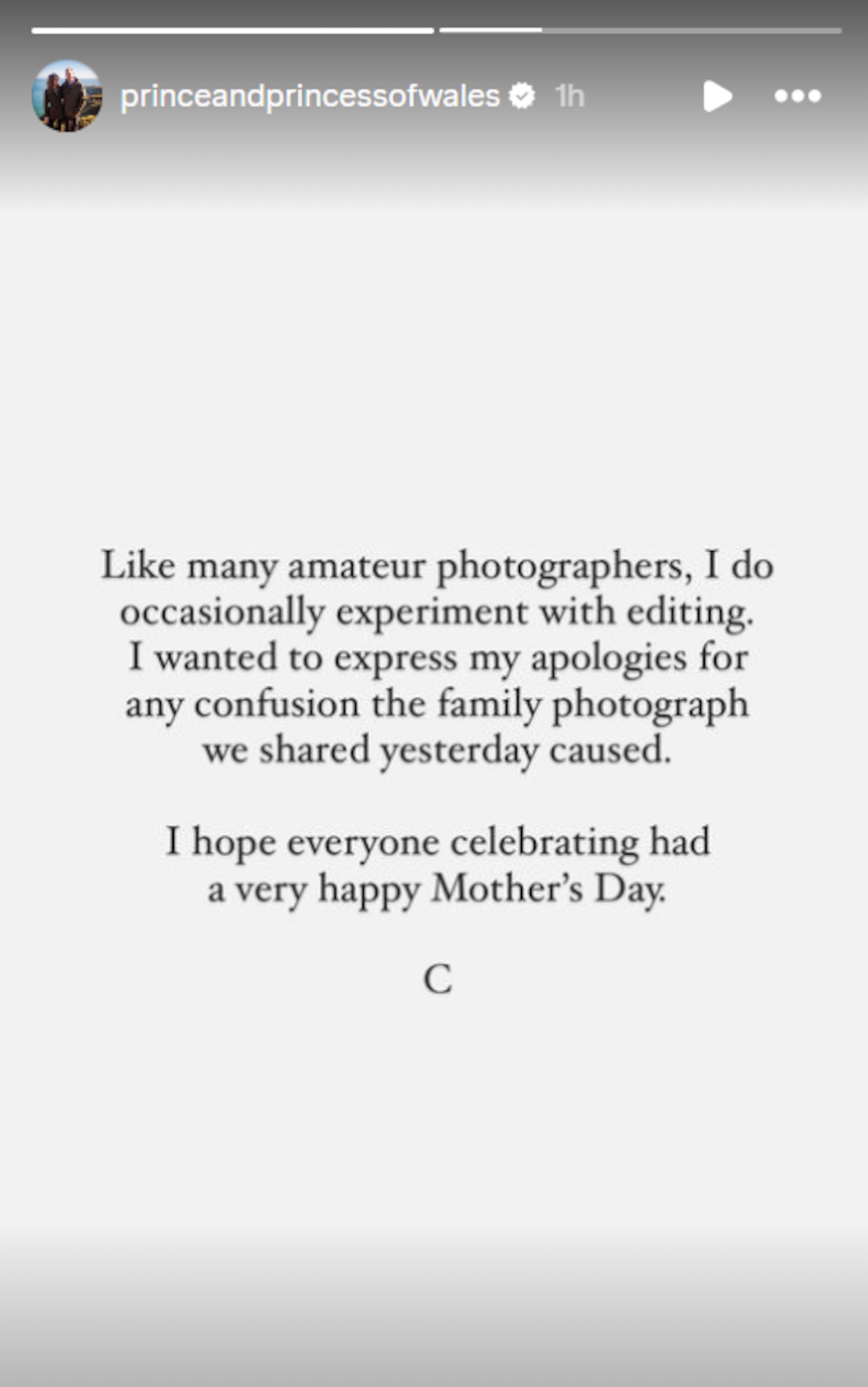 Mensaje de Kate Middleton en Instagram.