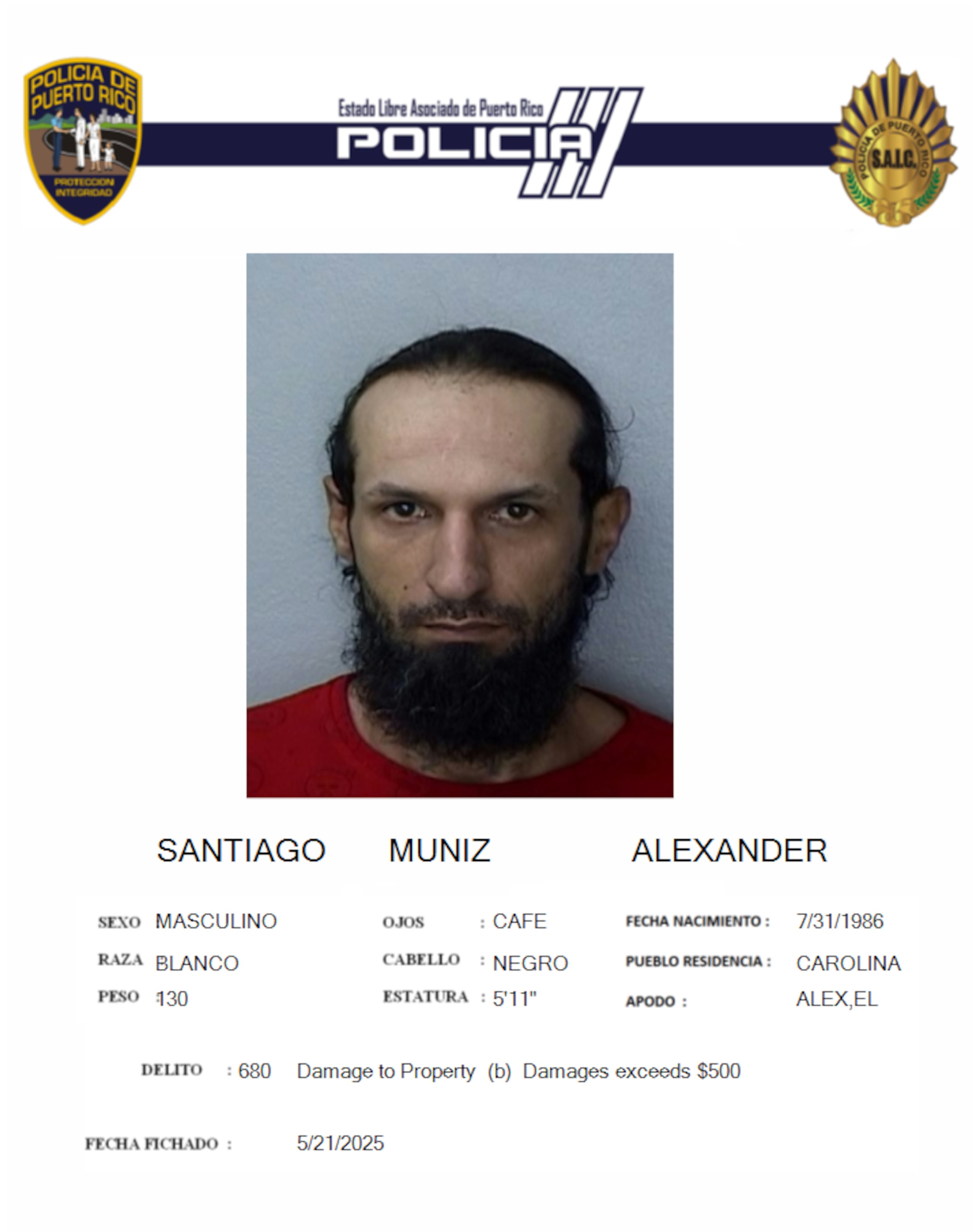 Alexander Santiago Muñiz, fue acusado por un cargo de daño agravado a una iglesia.