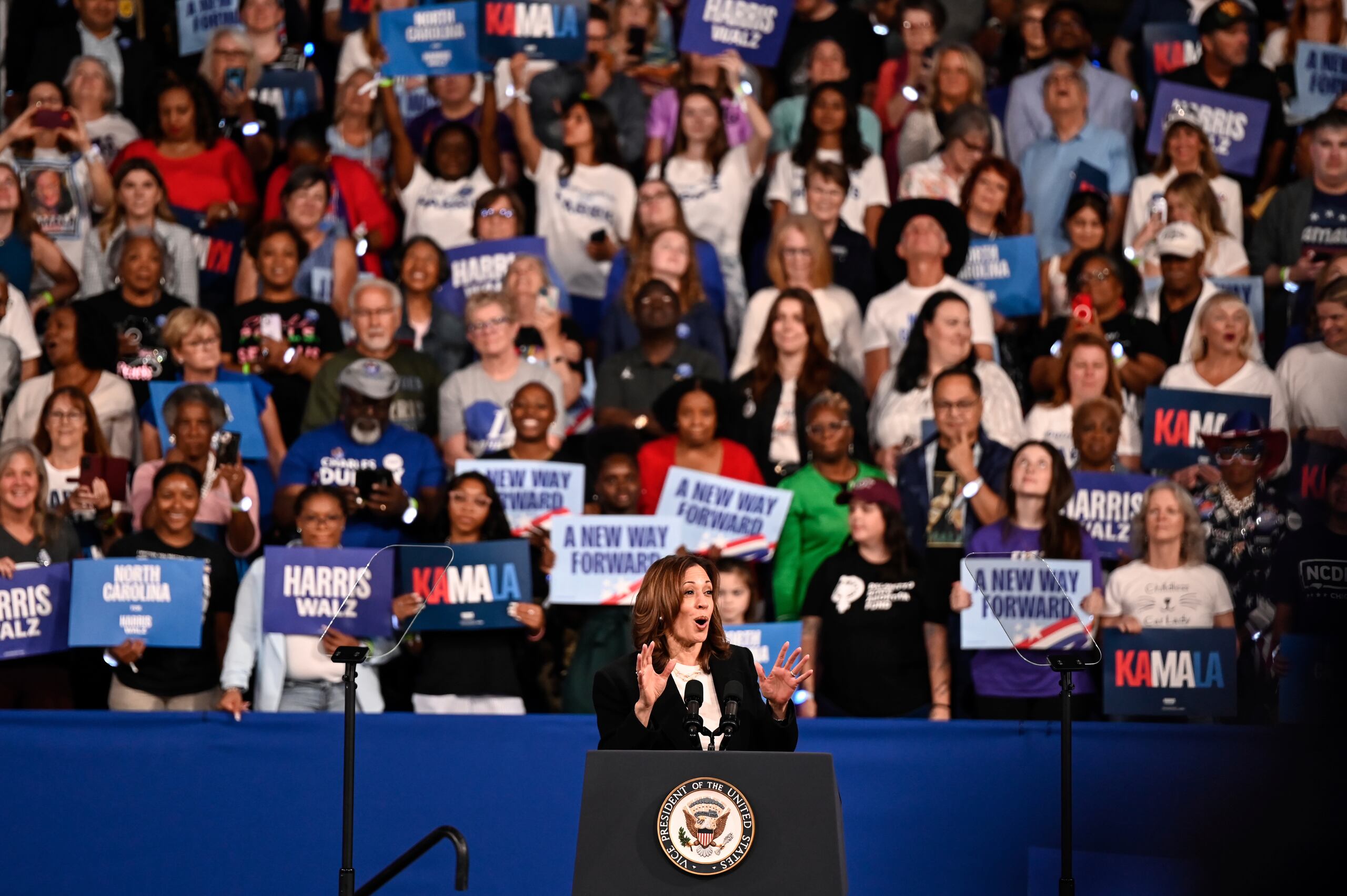La candidata presidencial demócrata y vicepresidenta Kamala Harris habla en un acto de campaña el jueves 12 de septiembre de 2024, en Greensboro, Carolina del Norte. (AP Foto/Matt Kelley)