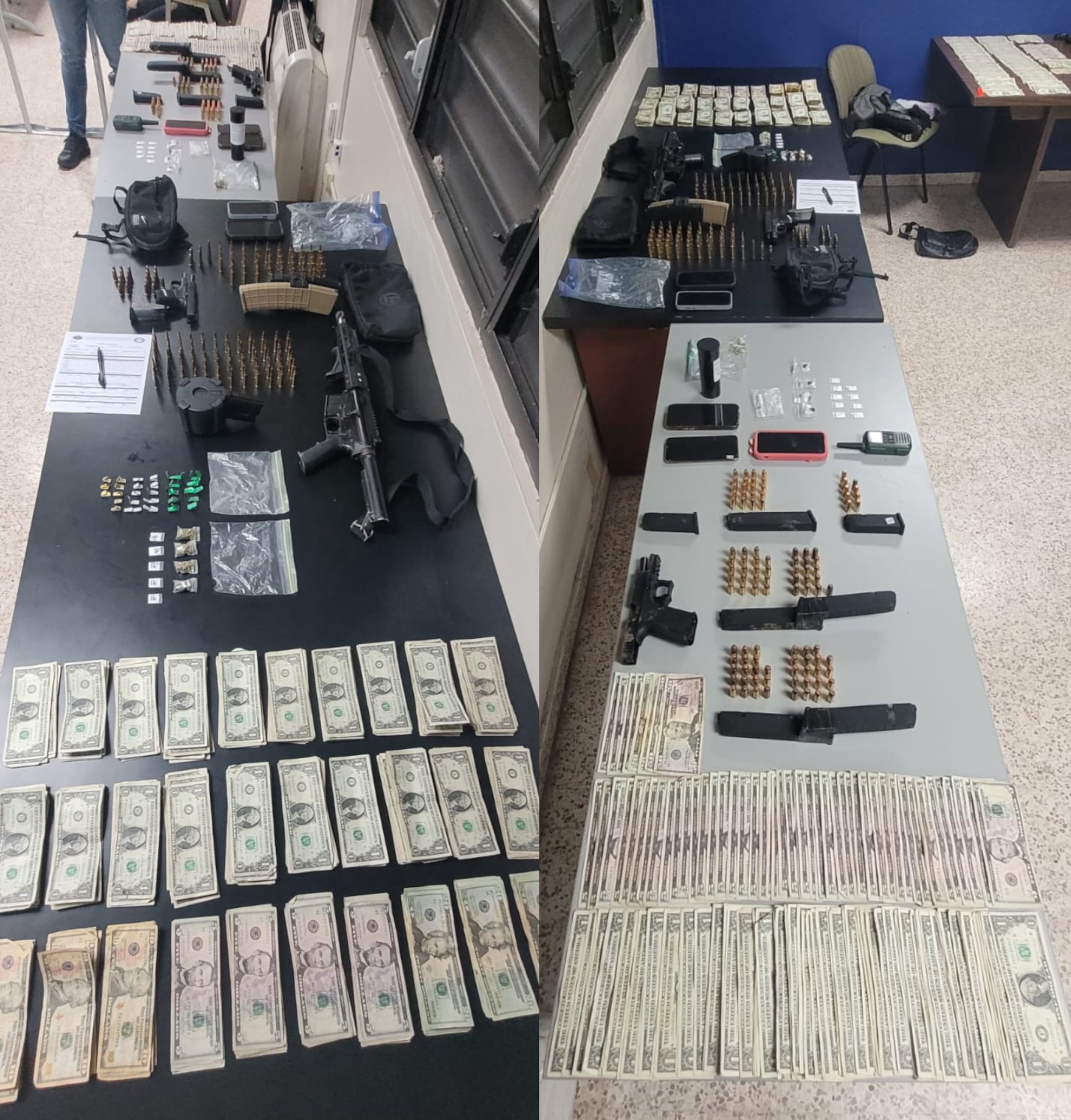 Sustancias controladas, armas y dinero en efectivo que agentes adscritos a la División de Inteligencia y a la Unidad Motorizada del área de San Juan ocuparon en dos apartamentos del residencial Rafael López Sicardo en Río Piedras, el 15 de julio de 2024.