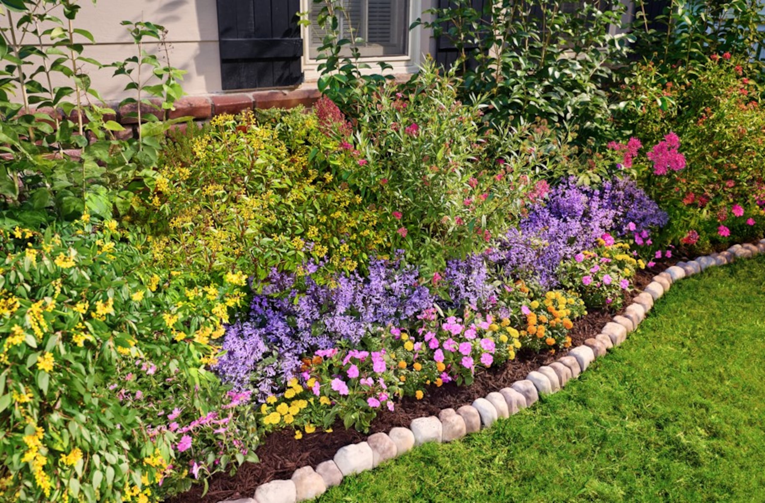 Al crear áreas de paisajismo, puedes mantillo ("mulch") ypiedras decorativas para estructurar el espacio.