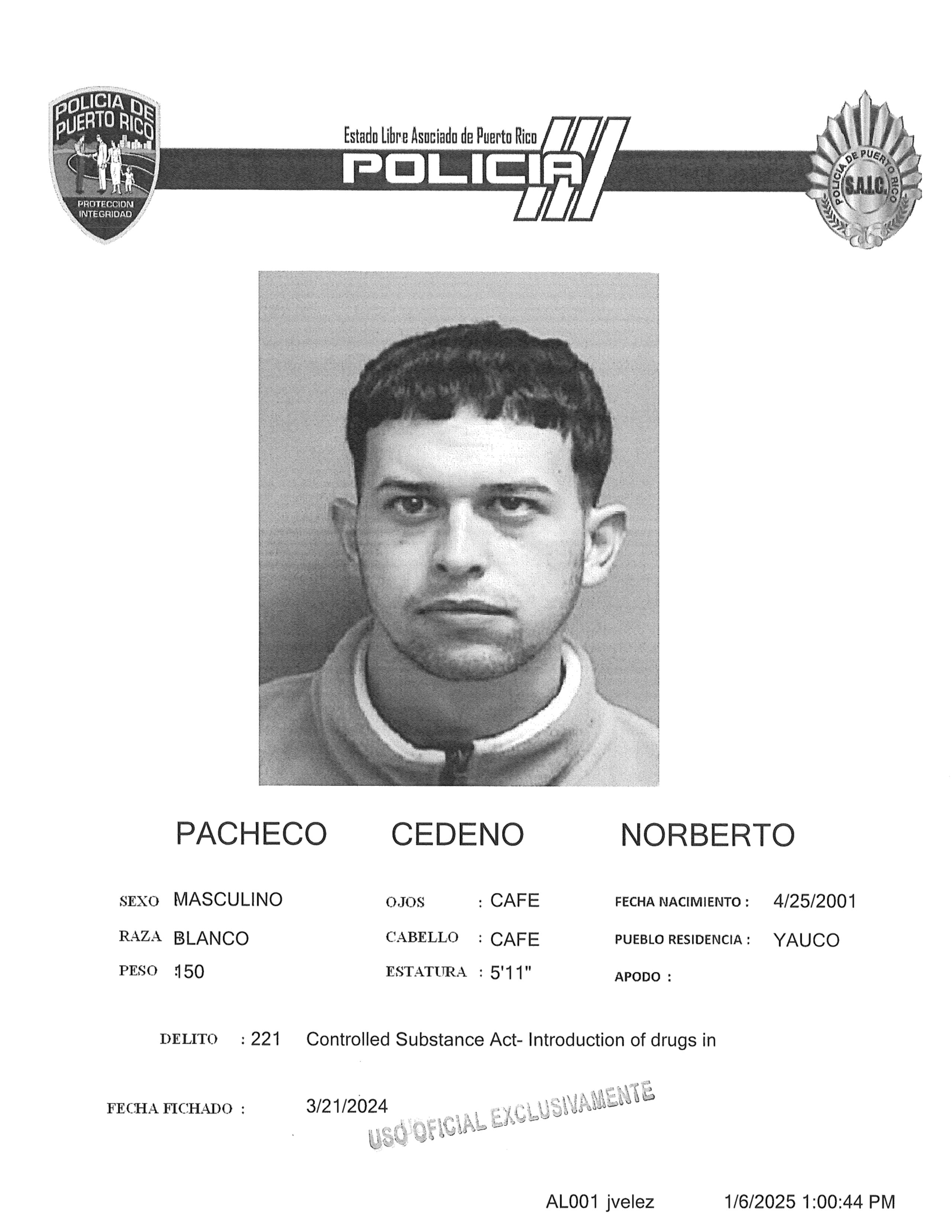 Ficha policial de Norberto Pacheco Cedeño, quien fue asesinado el 6 de enero de 2025 en Yauco.