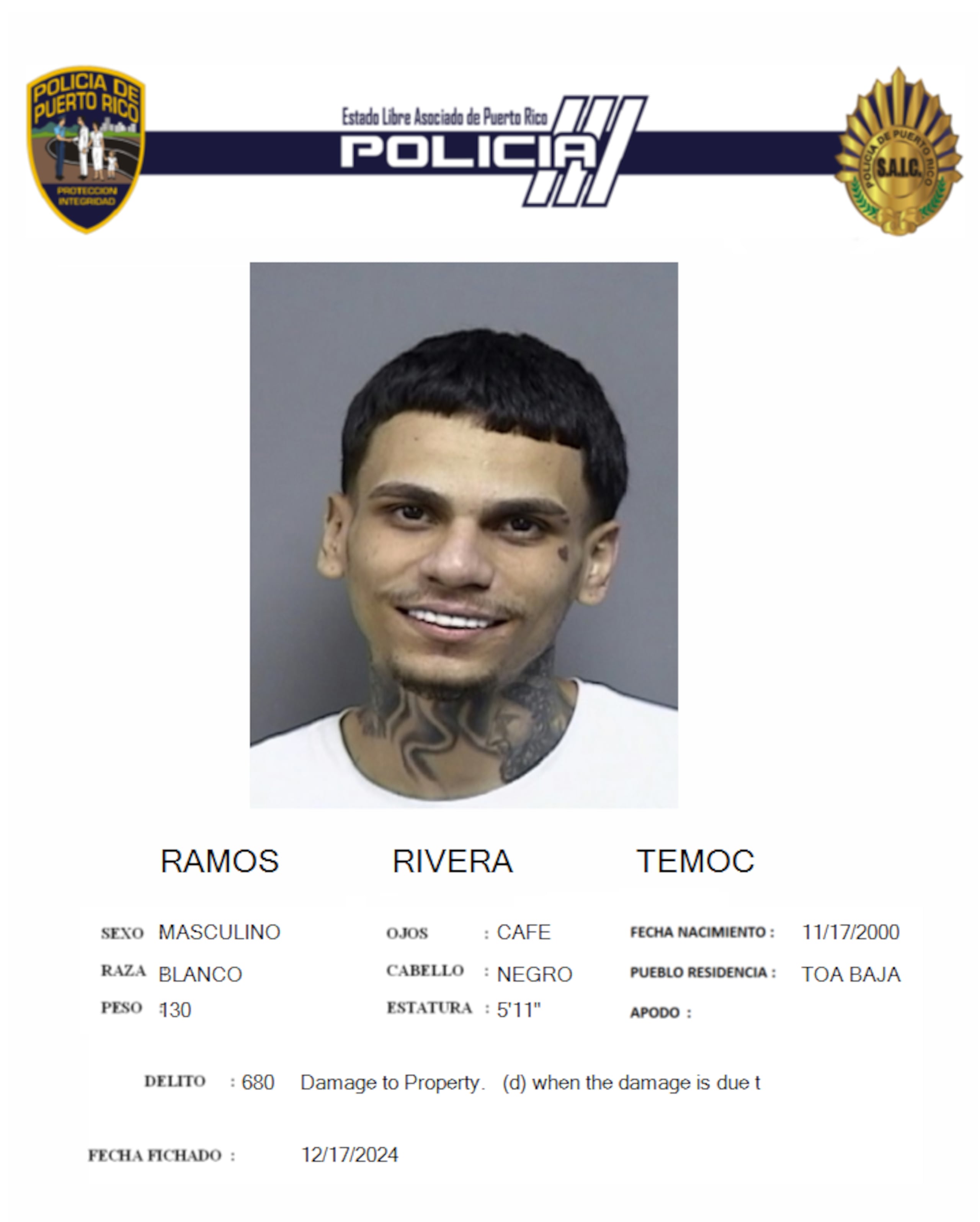 Ficha policial de Temoc Ramírez Rivera.