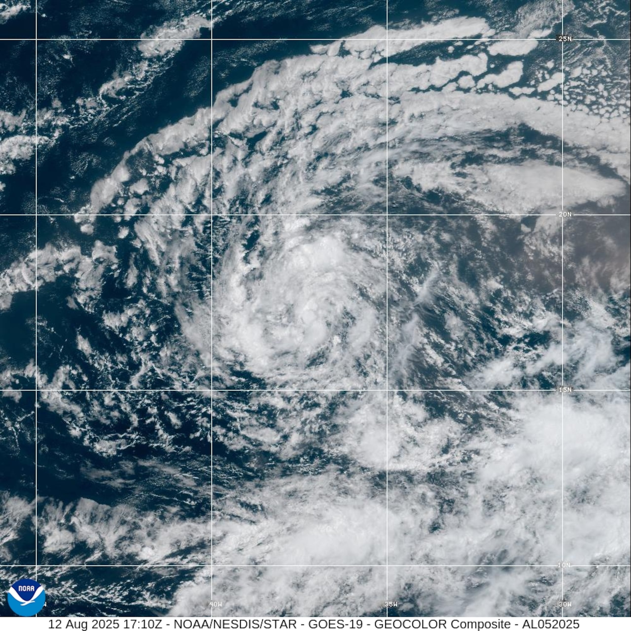 Imagen de satélite de la tormenta tropical Erin el martes 12 de agosto de 2025.
