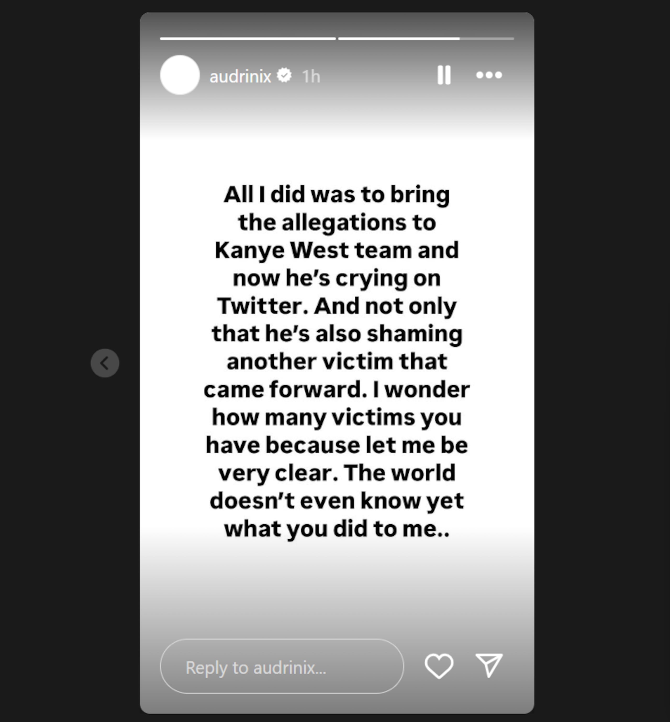 Expresiones de Nix en sus historias de Instagram en la que se pregunta cuántas otras víctimas podría tener West.