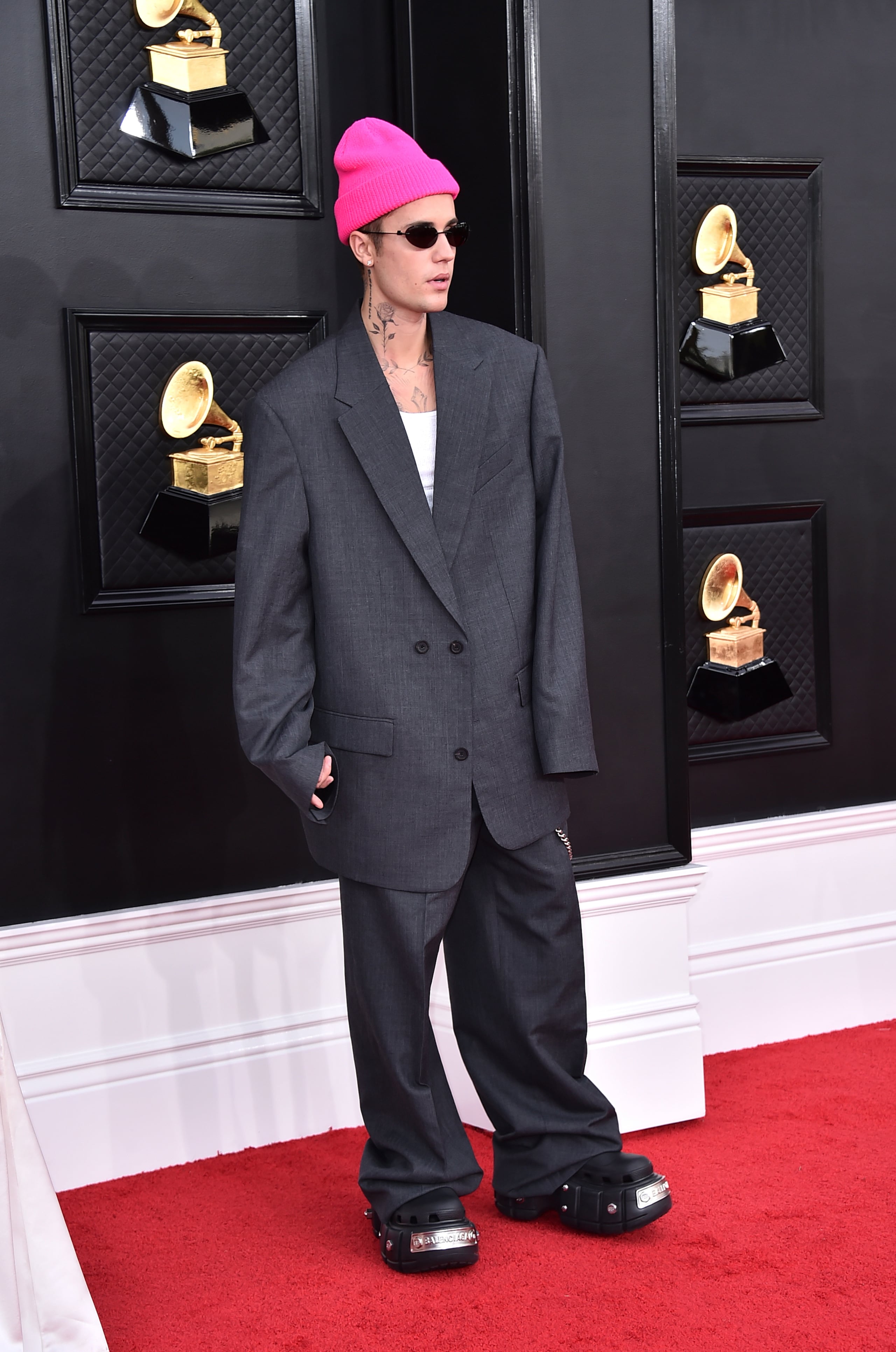 Justin Bieber arrives at the 64th Annual Grammy Awards at the MGM Grand Garden Arena on Sunday, April 3, 2022, in Las Vegas. (Photo by Jordan Strauss/Invision/AP)