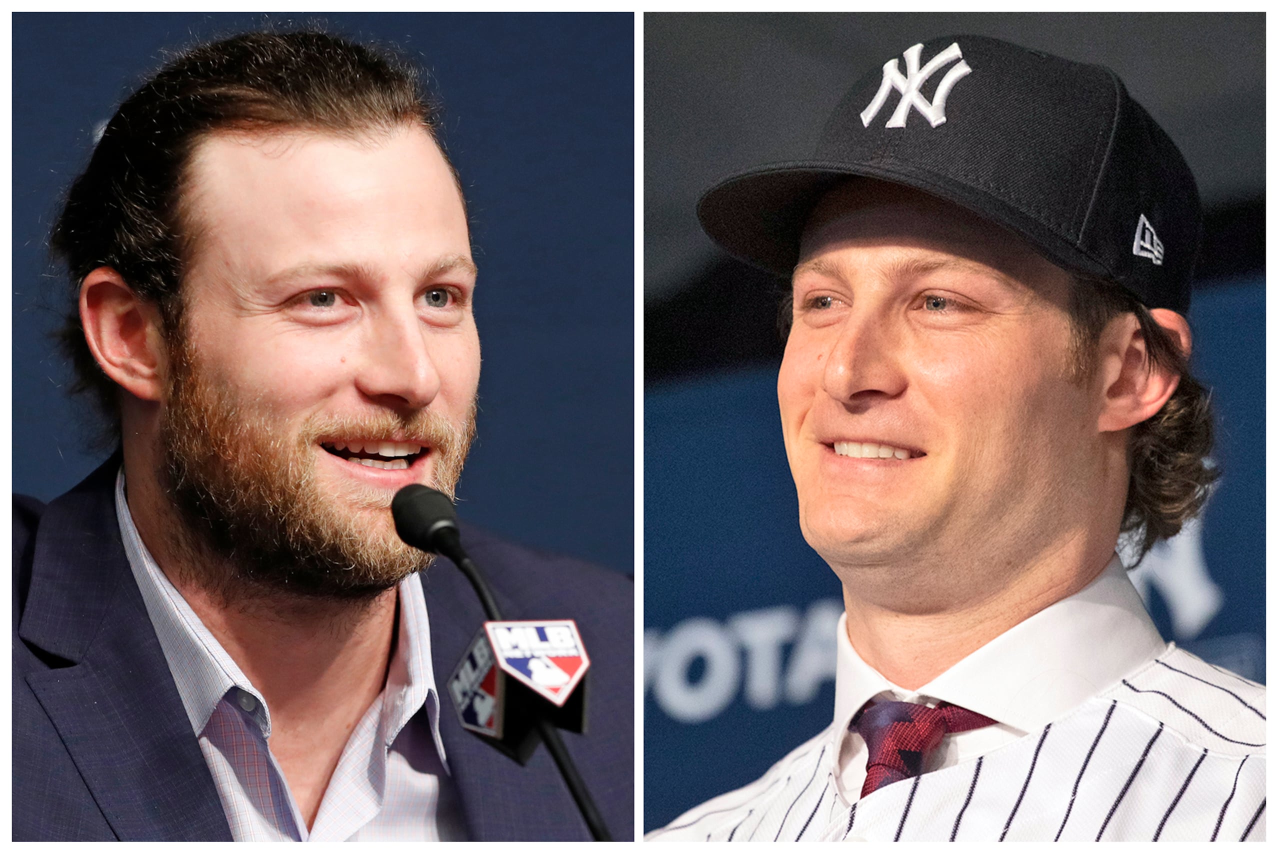 Esta combinación de fotos de archivo muestra al lanzador abridor de los Astros de Houston, Gerrit Cole, el 14 de octubre de 2019, y siendo presentado como jugador de los Yankees de Nueva York el 18 de diciembre de 2019.