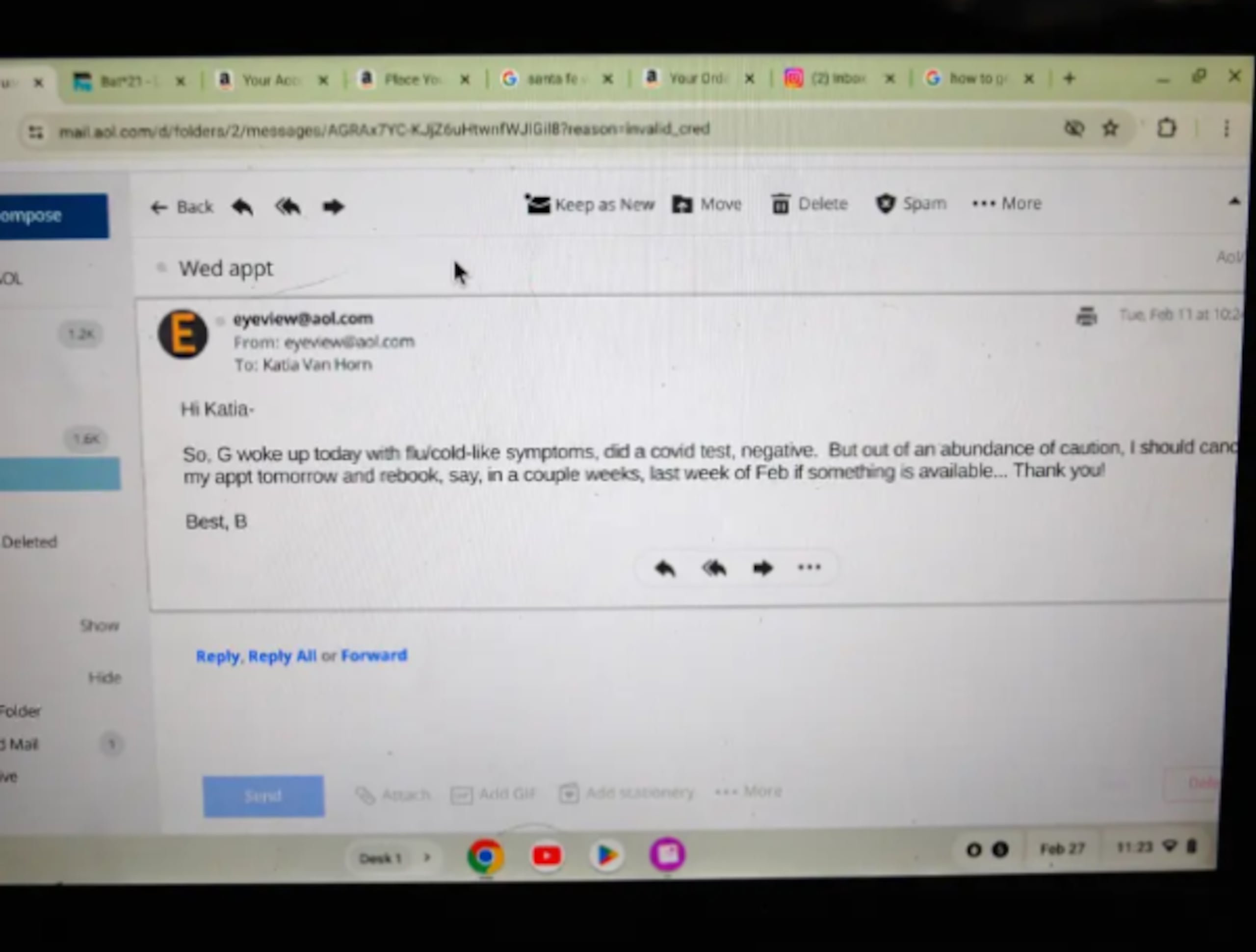 El correo electrónico que Betsy Arakawa le envió a la masajista para cancelar su cita, a días de su muerte.