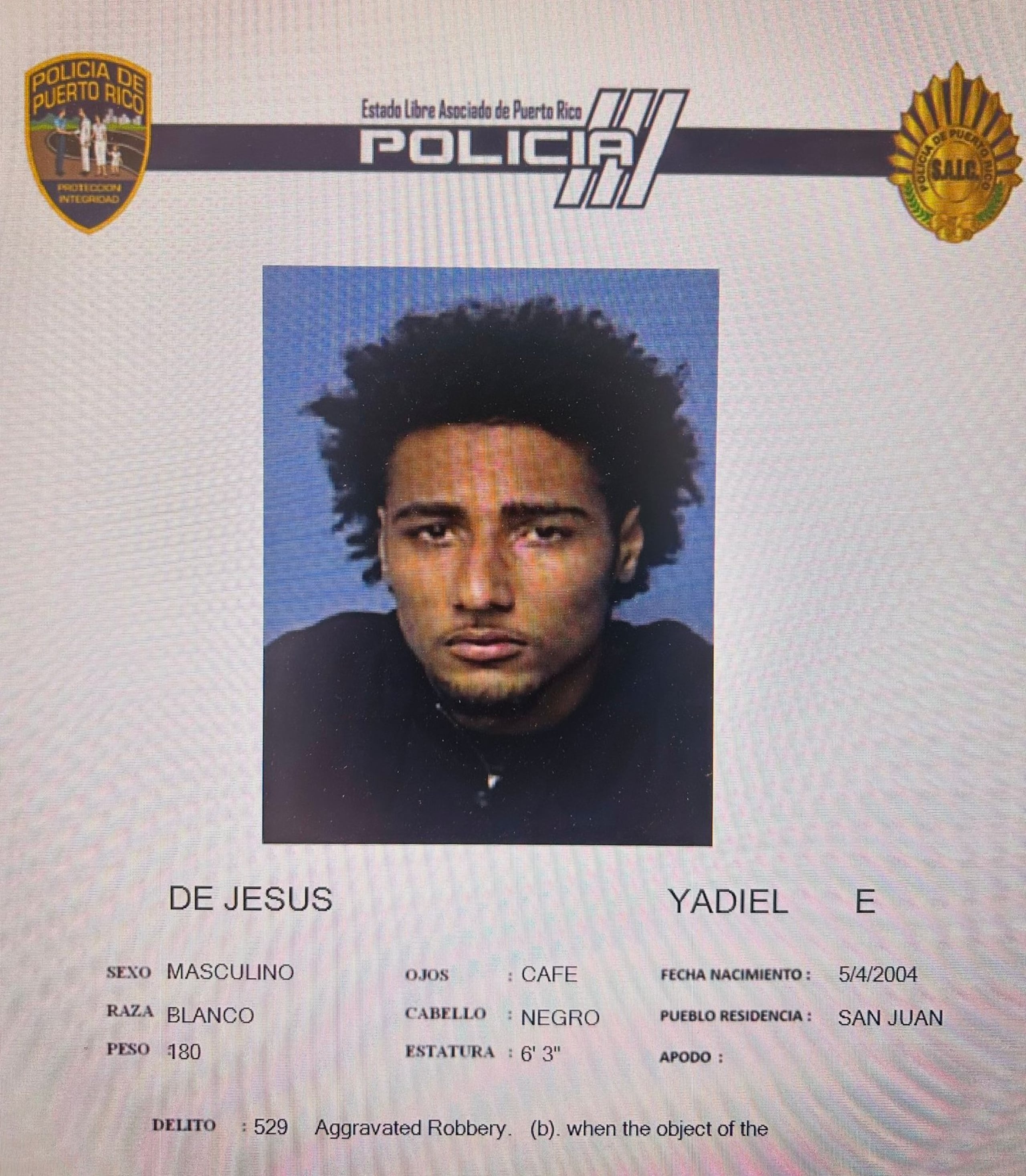 Yadiel E. De Jesús, sospechoso de cometer "carjacking" en Humacao el 6 de abril de 2024.